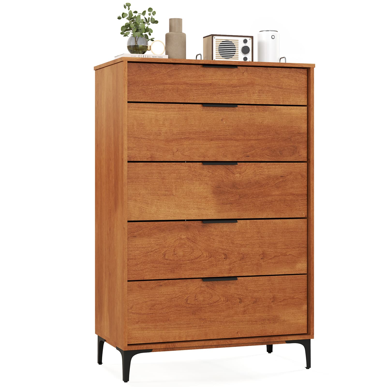 Gymax - 5-Drawer Dresser w/ Interlock System Metal Support Legs & Anti-tipping Kit - Cherry