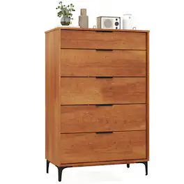 Gymax - 5-Drawer Dresser w/ Interlock System Metal Support Legs & Anti-tipping Kit - Cherry