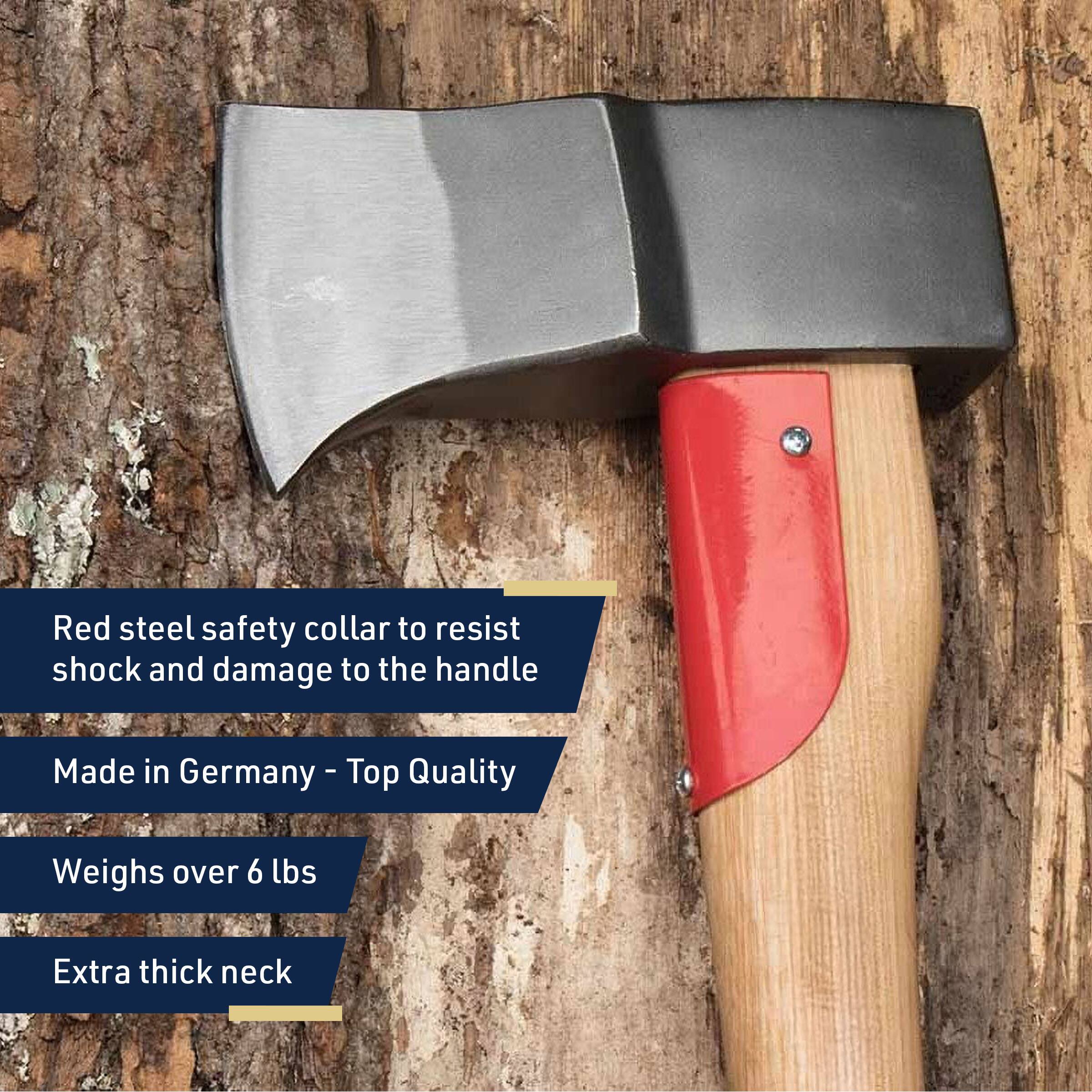 Red steel safety collar to resist shock and damage to the handle  
Made in Germany - Top Quality  
Weighs over 6 lbs  
Extra thick neck