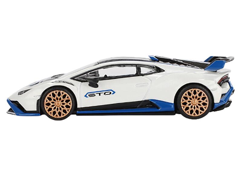 Angle. Mini GT - Lamborghini Huracan STO Bianco Asopo White with Black Top and Blue Accents Limited Edition 1/64 - White with Black and Blue.