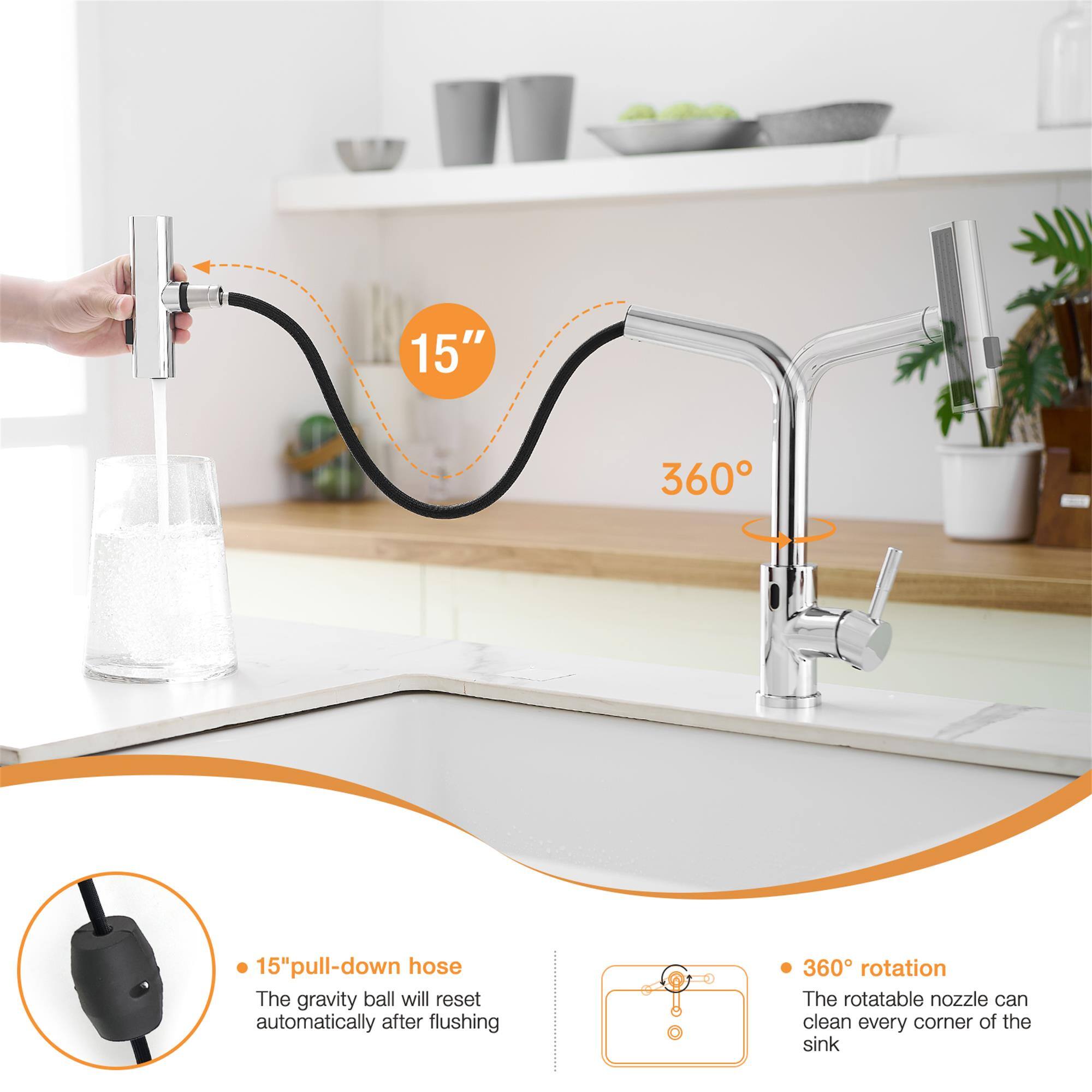15" pull-down hose  
The gravity ball will reset automatically after flushing  
360° rotation  
The rotatable nozzle can clean every corner of the sink