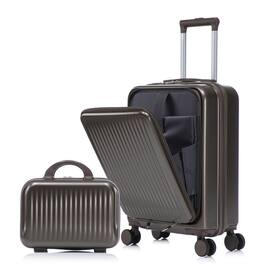HTUTWOO - Set of 2 14" Cosmetic Case & 20" Luggage Set with Spinner Wheels - ABS Hardside Suitcase with TSA Lock, Front Opening - Brown