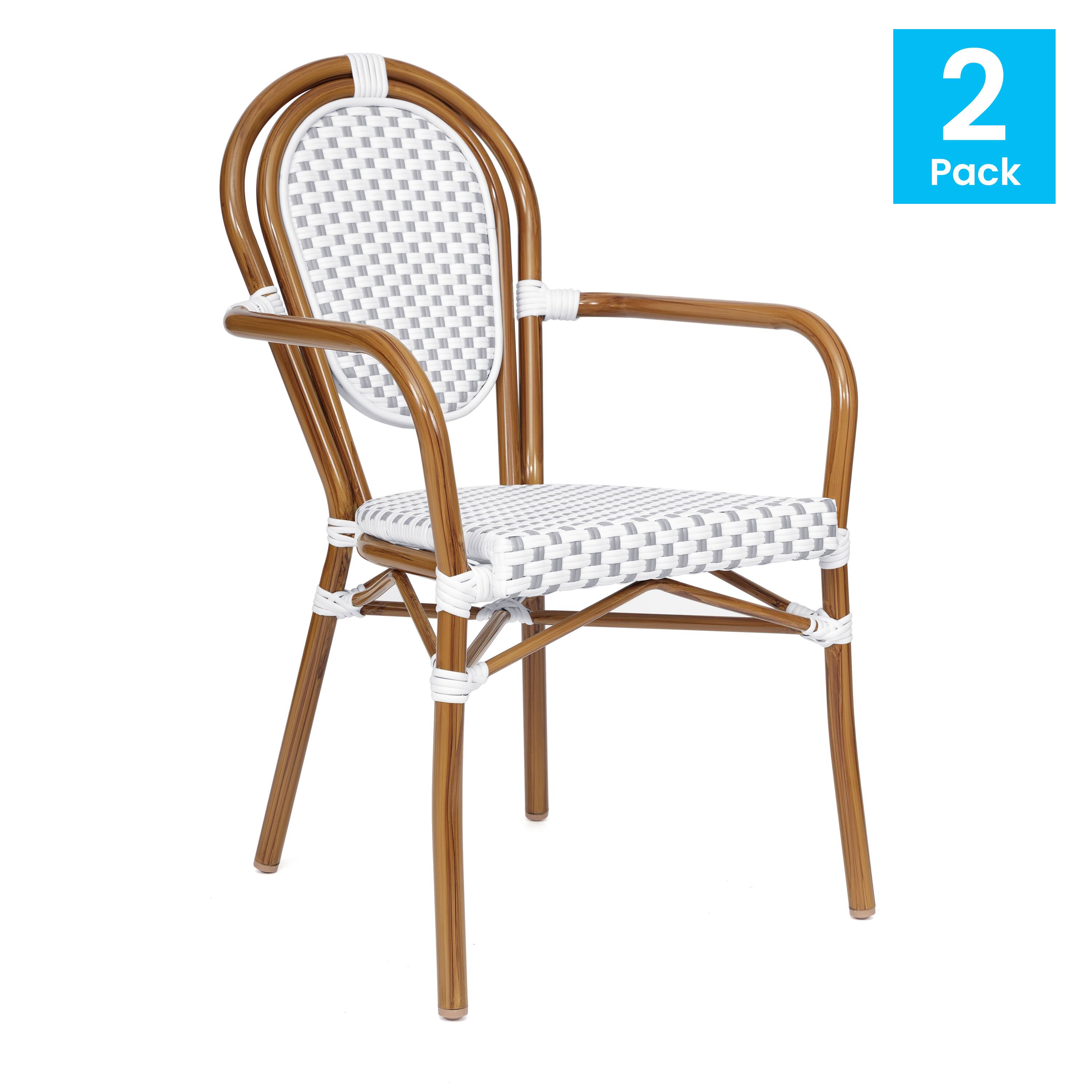 Alt View 1. Emma + Oliver - Colmar Set of Two Indoor/Outdoor Stacking Thonet Bistro Style Chairs with Arms, PE Rattan Seat and Metal Frame - White & Gray/Natural Frame.