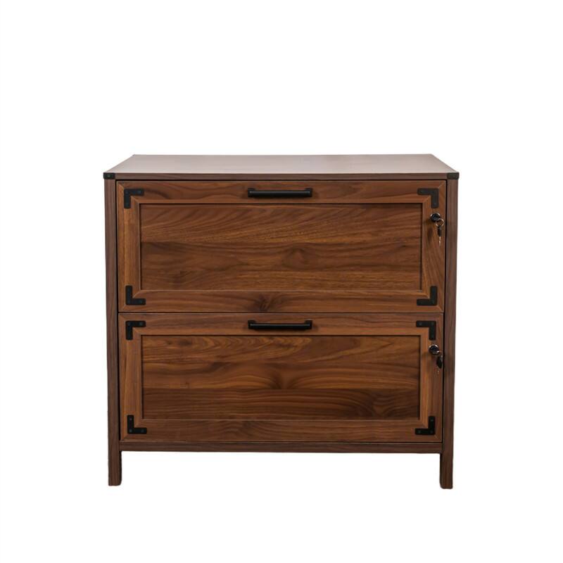 Angle. HTUTWOO - 2 Drawer Farmhouse File Cabinet with Lock - Filing Cabinet for Home Office Design for Home Office - Walnut.