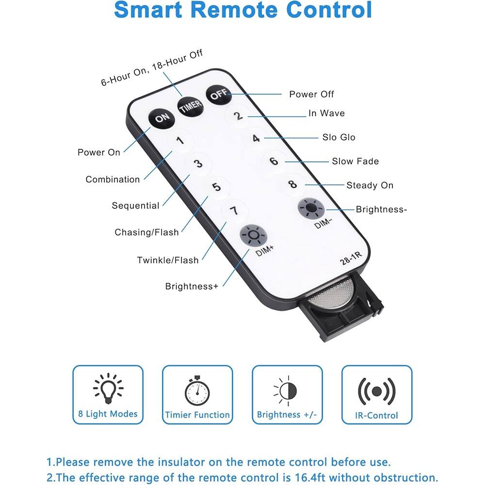 Smart Remote Control

1. Power On
2. Timer (6-Hour On, 18-Hour Off)
3. Combination
4. In Wave
5. Sequential
6. Slo Glo
7. Chasing/Flash
8. Steady On
9. Brightness- DIM-
10. Brightness+ DIM+
11. Twinkle/Flash
12. Slow Fade
13. Power Off
14. Brightness +/- IR-Control

8 Light Modes
Timer Function
Brightness +/- IR-Control

1. Please remove the insulator on the remote control before use.
2. The effective range of the remote control is 16.4ft without obstruction.