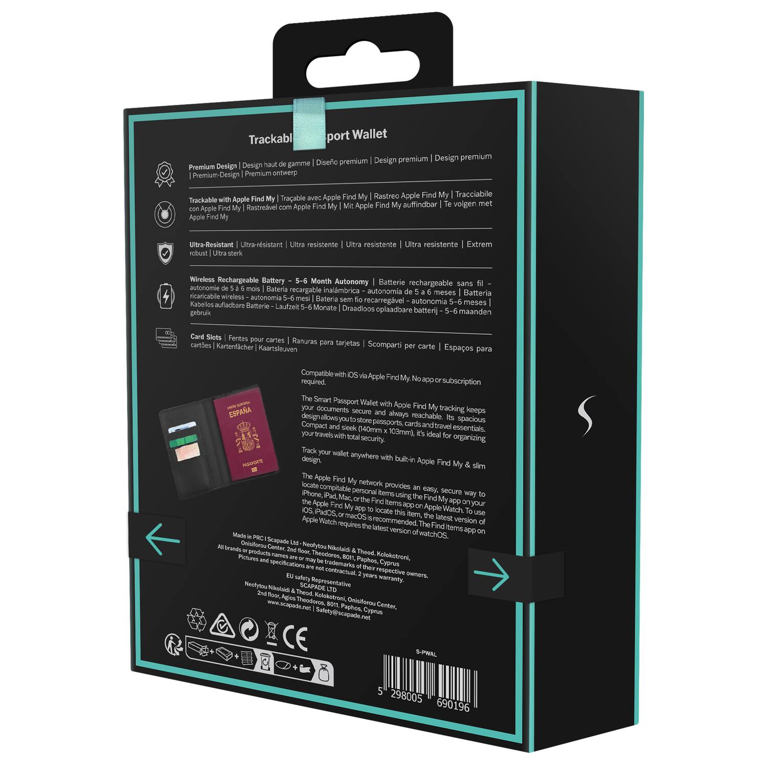 Trackable Port Wallet

Premium Design | Design haut de gamme | Design premium | Premium Design | Premium ontwerp | Tackable | Apple Find My | Rastreable Apple Find My | Tracciabile Apple Find My | auffindbar | Ultra-resistant | Ultra resistente | Ultra résistant | Extrem

Wireless Rechargeable Battery | 5-6 Month Autonomy | Bateria recargable inalámbrica autonomía 5-6 meses | Batterie rechargeable sans fil - autonomie 5 à 6 mois | Batteria ricaricabile wireless autonomia 5-6 mesi | Draadloos oplaadbare batterie maanden

Card Slots | Fentes pour cartes | Ranuras para tarjetas | Card Slots | Kartenfächer | Kaartsleuven | Espacios para tarjetas

Compatible with Apple Find My | Compatible avec Apple Find My | Compatible con Apple Find My | Compatible con Apple Find My | Compatible met Apple Find My

The Smart Passport Wallet provides an easy, secure way to design and secure your passport and travel essentials. Compact and sleek (104x80x10mm), it's ideal for organizing your travels with total security