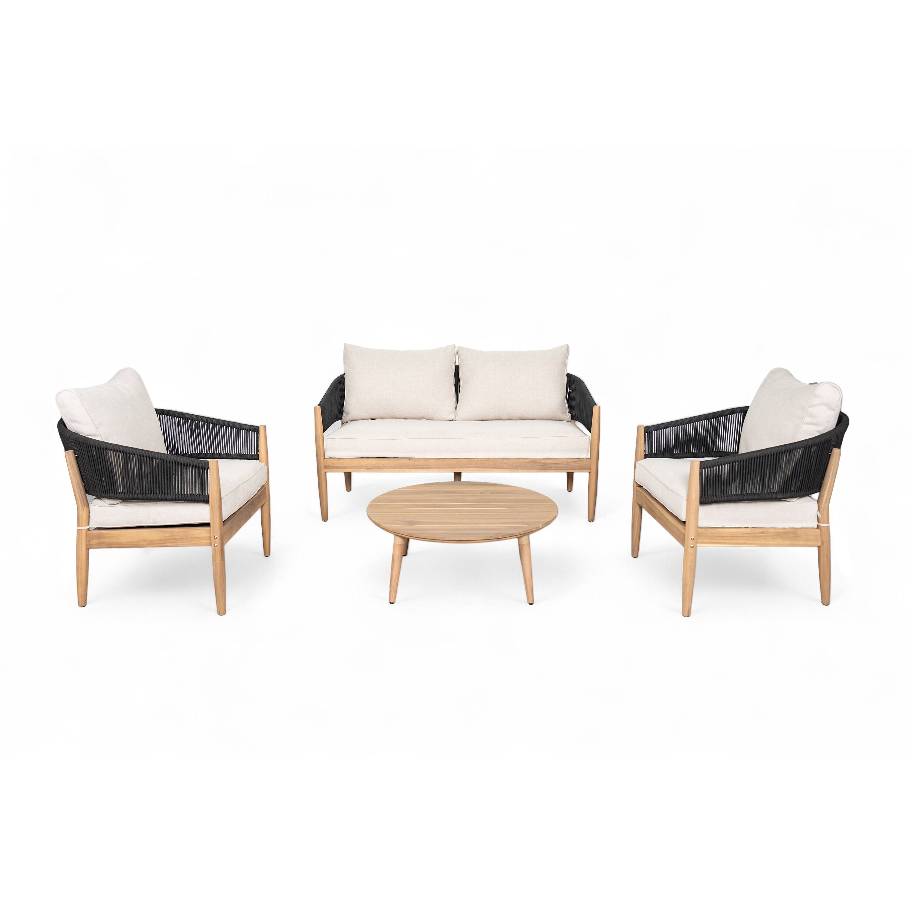 Angle. Mondawe - 4 Piece Outdoor Patio Acacia Wood Chat Set with Cushion - Beige+Black.