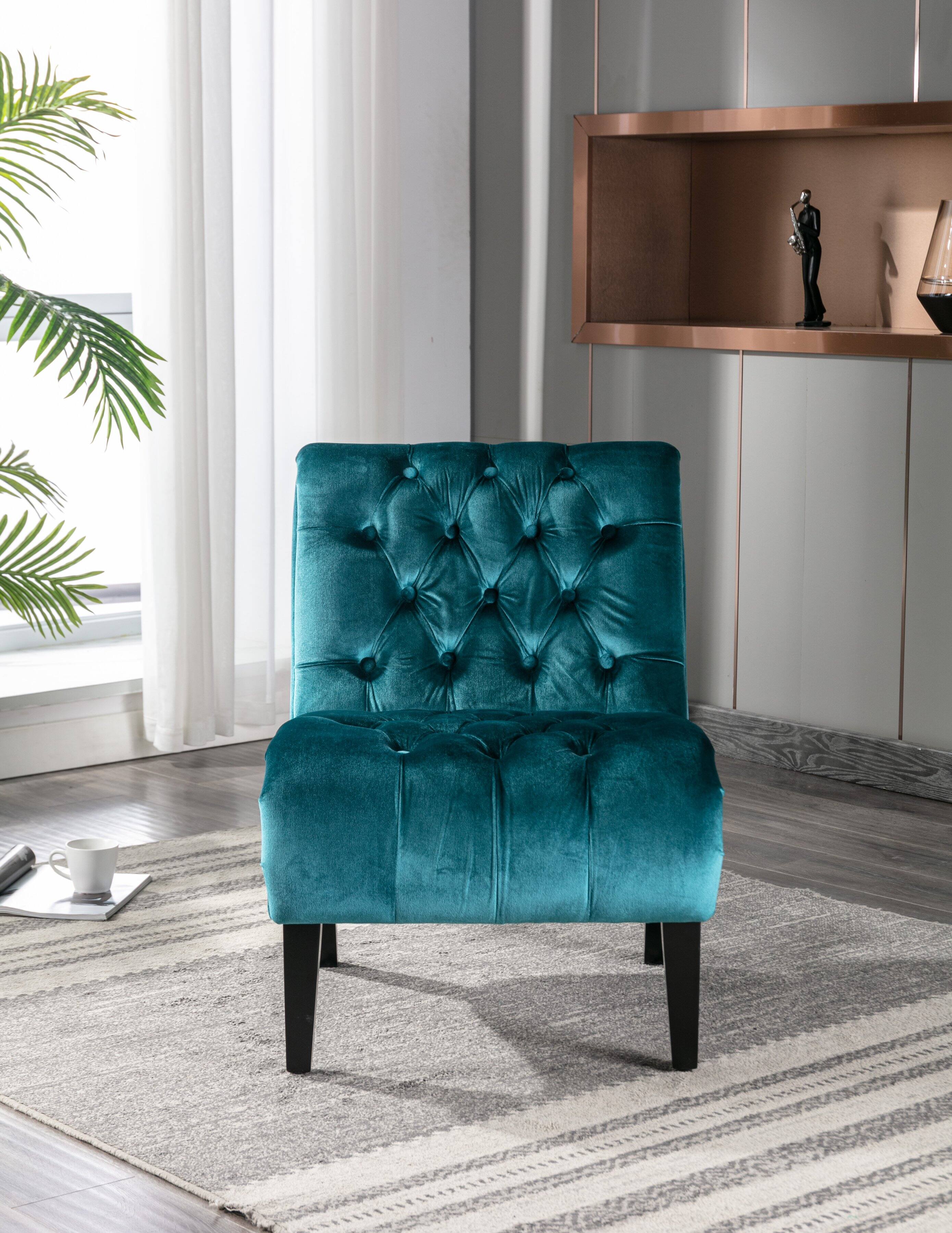 Alt View 1. Trinkets Crazed - Velvet Accent Lounge Chair for Living Room, Modern Leisure Chair with Tufted Backrest, Indoor Armless Side Chair - Teal.