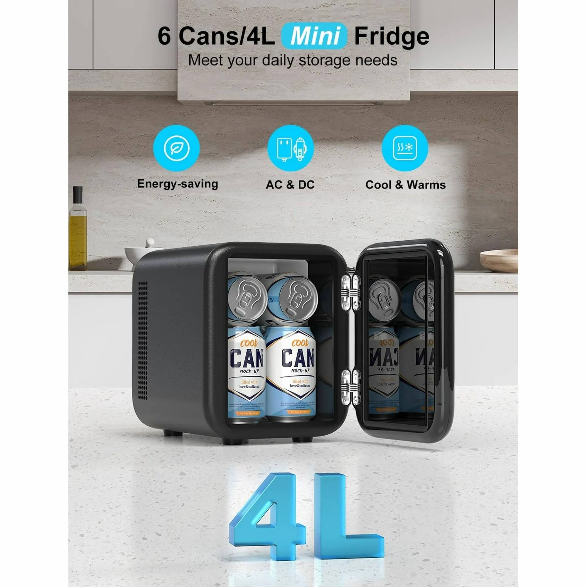 6 Cans/4L Mini Fridge  
Meet your daily storage needs  

Energy-saving  
AC & DC  
Cool & Warms  

4L
