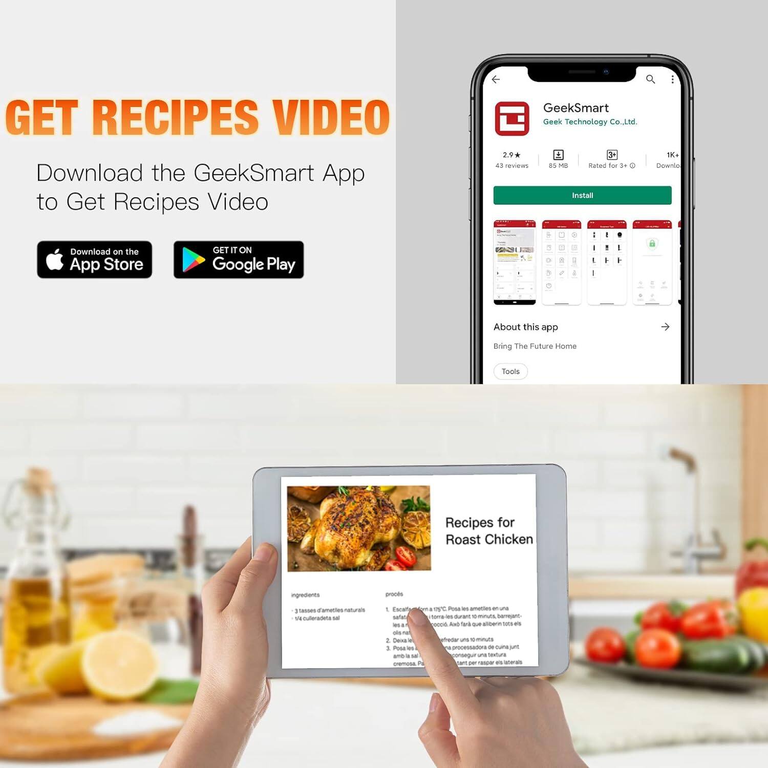 GET RECIPES VIDEO

Download the GeekSmart App to Get Recipes Video

GeekSmart Geek Technology co.Ltd

2.9 43 reviews 85 MB Rated for 3+ 1k+ Download

Install

About this app
Bring The Future Home

Tools

Recipes for Roast Chicken

ingredients
- 3 tazas de aromáticas naturales
- 1 cucharadita de sal
- 1 cucharadita de pimienta
- 1 cucharadita de orégano
- 1 cucharadita de comino
- 1 cucharadita de ajo en polvo
- 1 cucharadita de pimentón
- 1 cucharadita de perejil

proceso
1. Precalienta el horno a 180°C.
2. Pon las espinacas en una fuente de horno.
3. Agrega el pollo y las verduras.
4. Condimenta con sal, pimienta, orégano, comino, ajo en polvo, pimentón y perejil.
5. Hornea durante 30 minutos.
