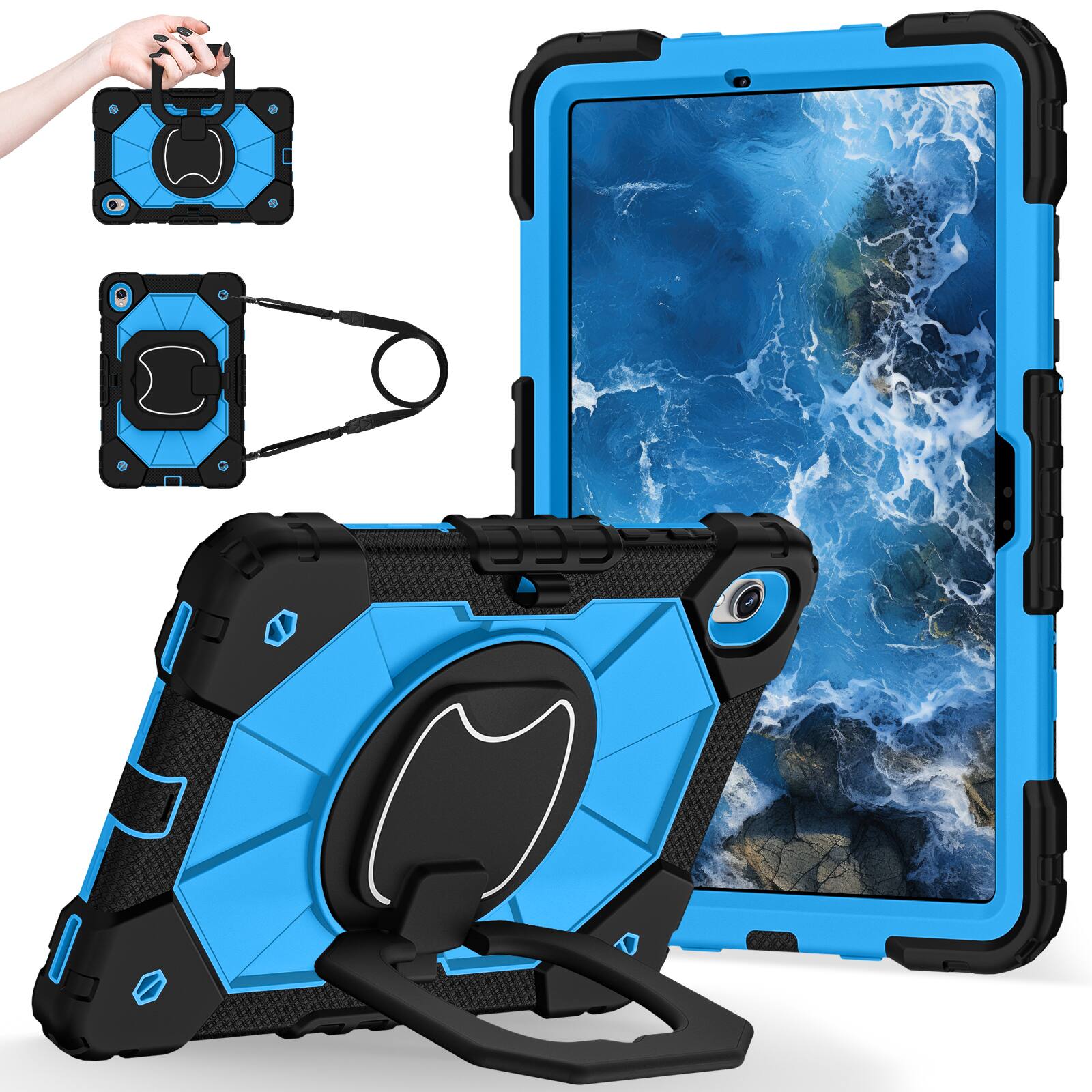 Angle. Dteck - Case for Samsung Galaxy Tab S11 2025 11-inch 3-Layer Rugged Kickstand Handle Grip Cover with Shoulder Strap - Black Blue.