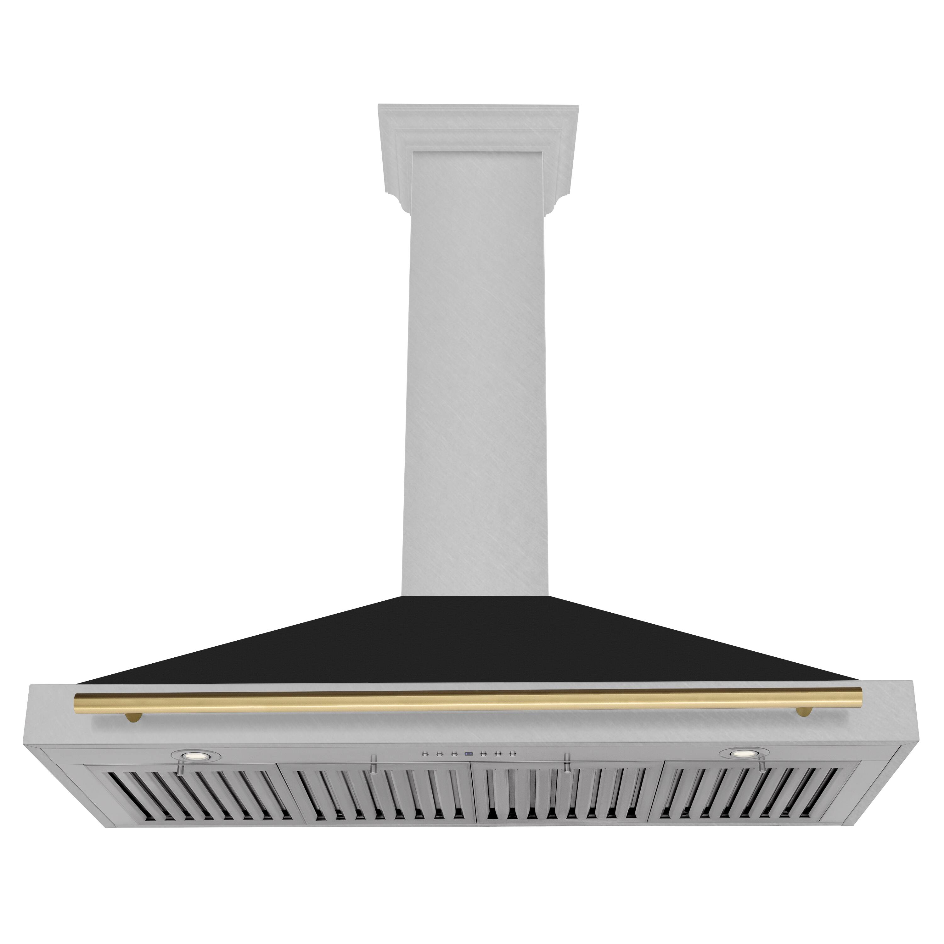 Angle. ZLINE - ZLINE Autograph Edition 48 in. Convertible Satin Steel Wall Hood with Black Shell and Gold Handle - Stainless Steel.