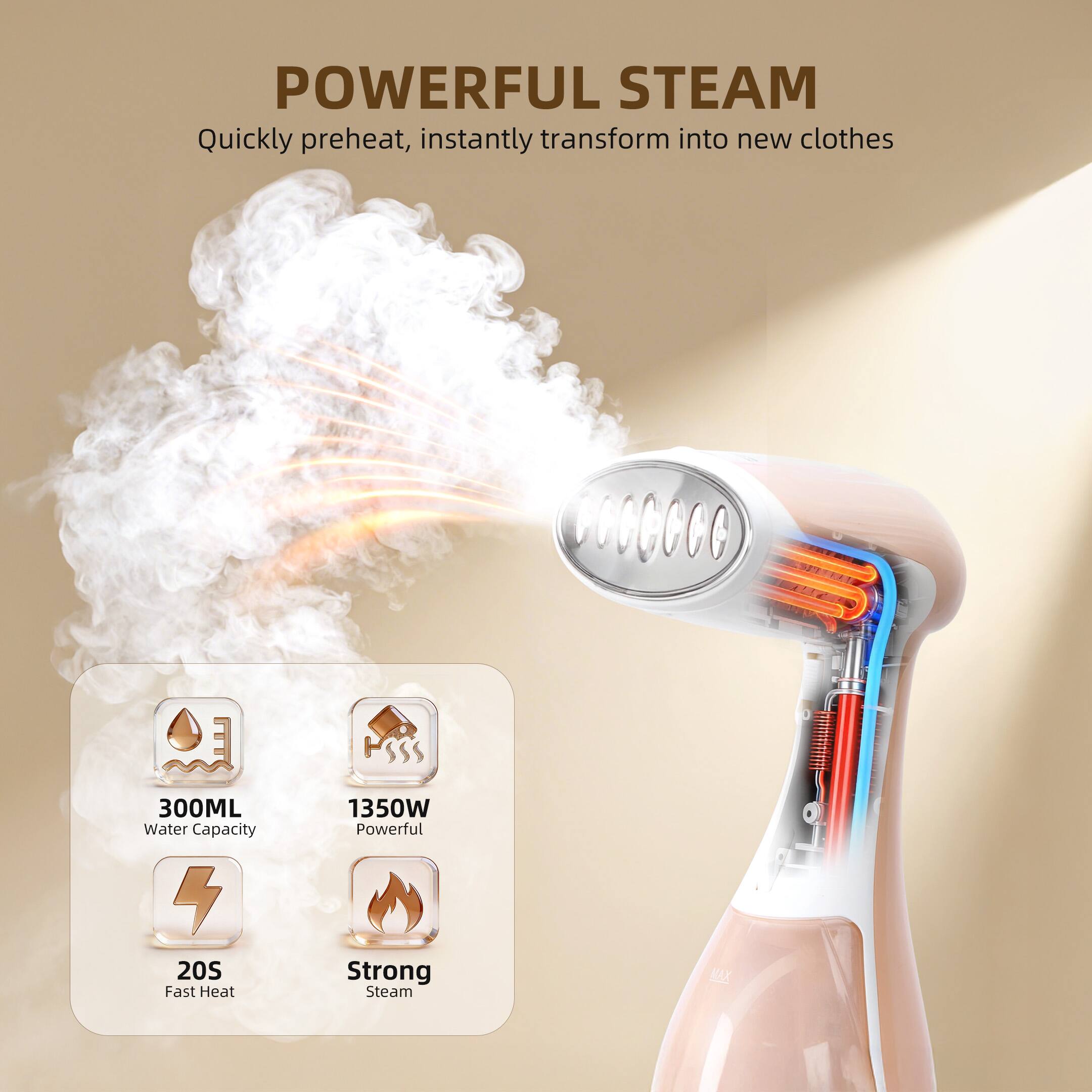 POWERFUL STEAM  
Quickly preheat, instantly transform into new clothes  

300ML Water Capacity  
1350W Powerful  
20S Fast Heat  
Strong Steam