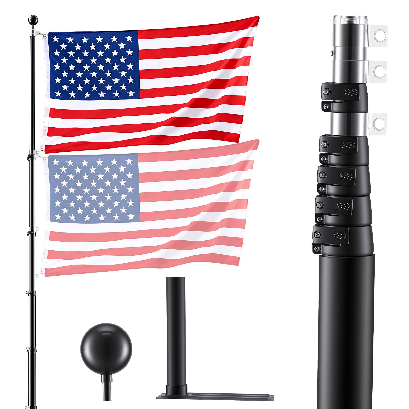 Front. VEVOR - Flag Pole, 20ft Heavy Duty Telescopic Flagpole Kit with Mounting Base for Vehicles, Extra Thick Outdoor Aluminum - Black.