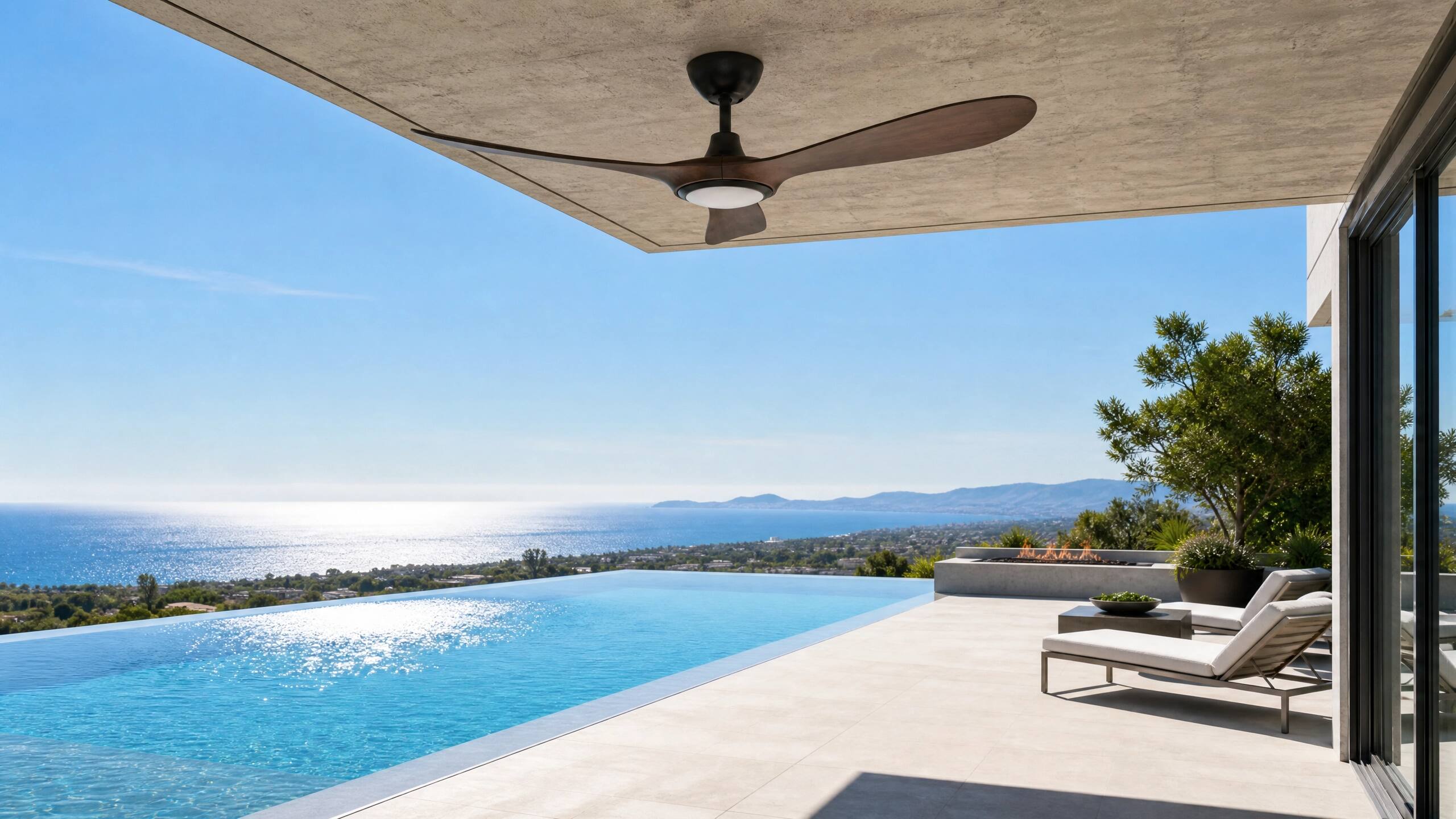 Alt View 3. ENLIGHT - 60" Smart Ceiling Fan, IP66 Outdoor/Coastal, CCT & Dimmable LED, Durable, Efficient + Quiet DC Motor, Matter, 3 Blades - Walnut Woodgrain.