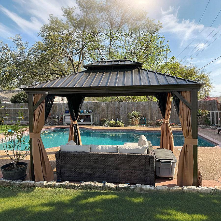 Alt View 1. PURPLE LEAF - 10 X 12 FT Outdoor Aluminum Hardtop Gazebo with Metal Double Roof with Netting and Curtains, Khaki Permanent Pavilion - 10' X 12'.