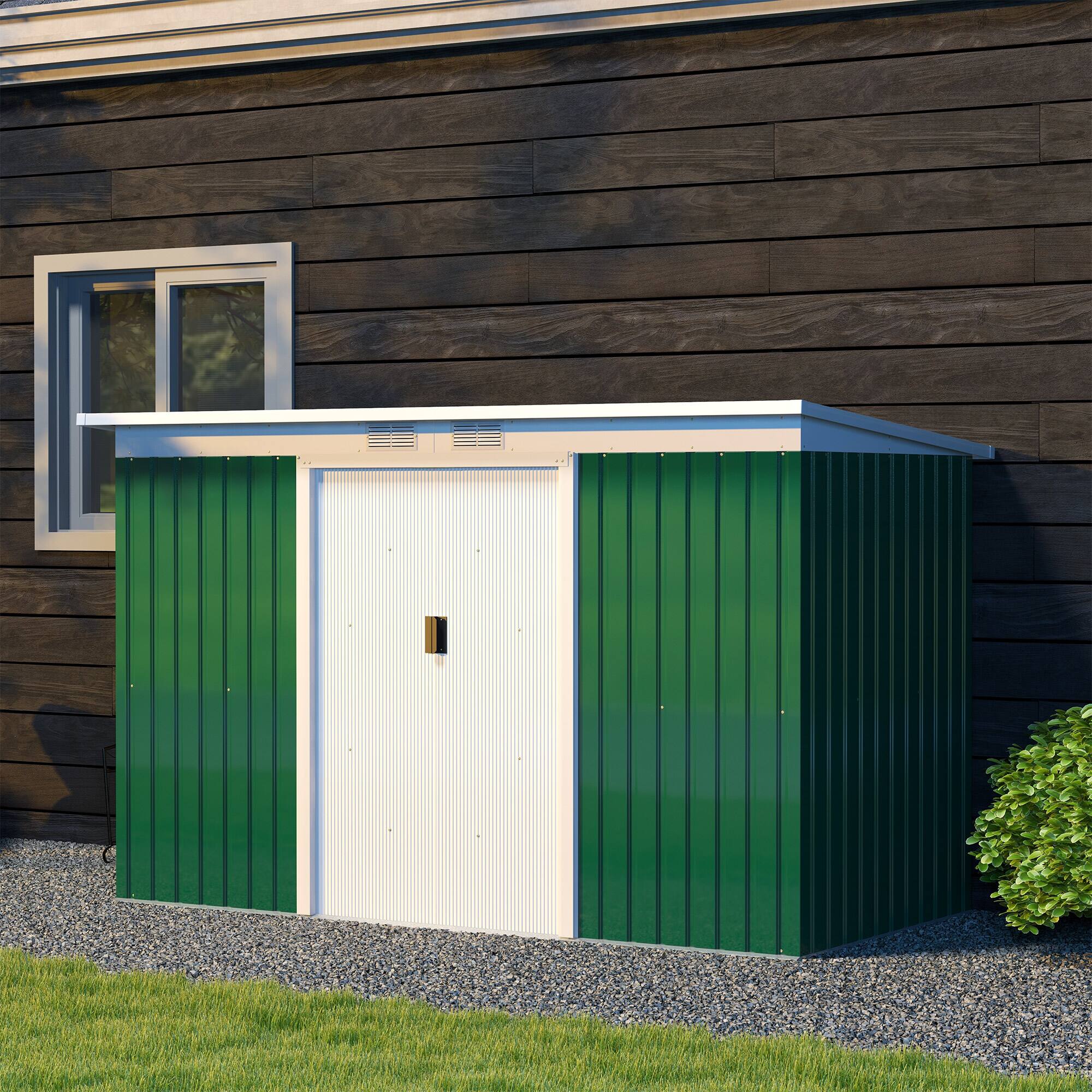 Alt View 8. Outsunny - 9' x 4' Outdoor Storage Shed, Metal Garden Tool House with Sloping Roof and Lockable Door for Backyard, Bike, Patio.