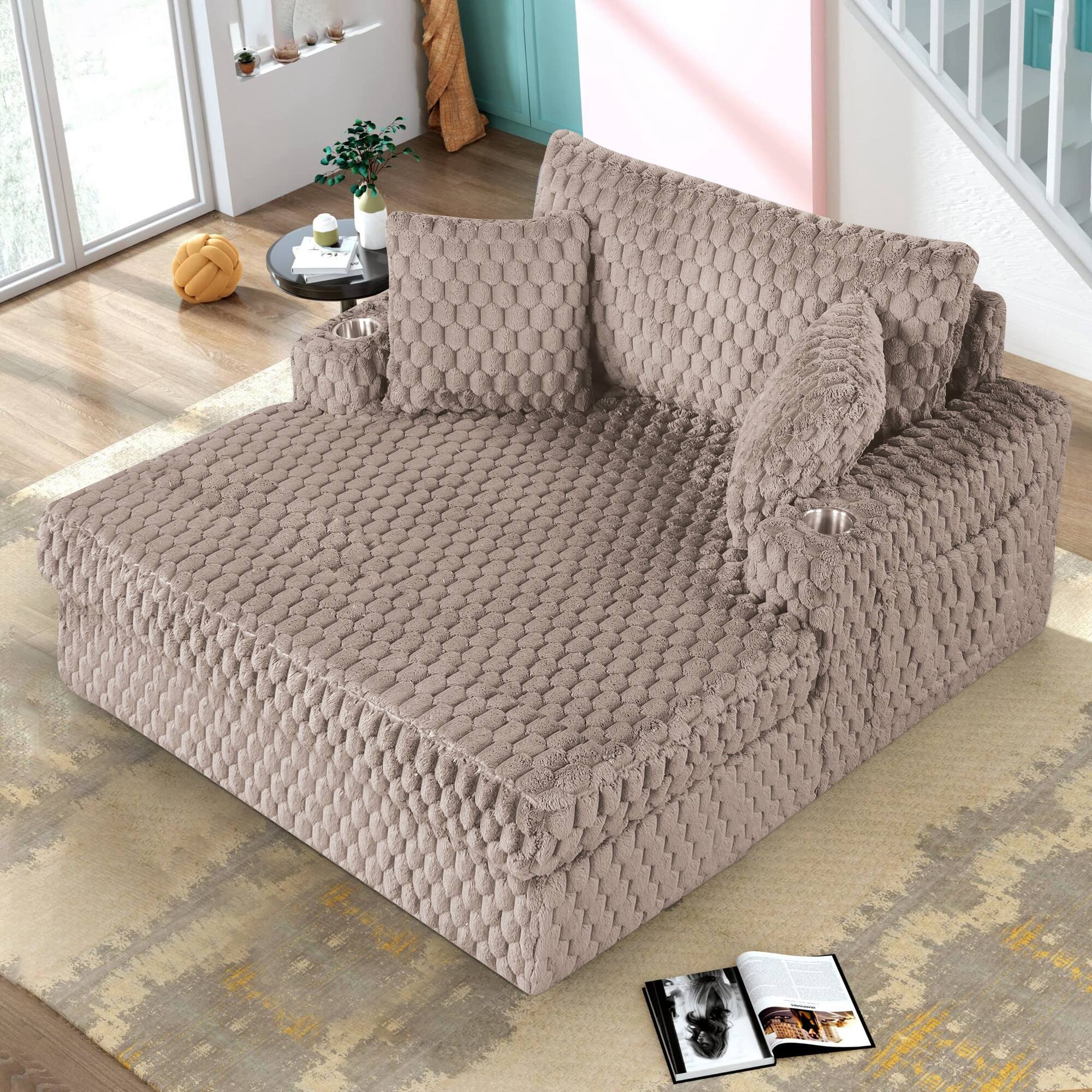 Back. Vaczon - 58-Inch Oversized Chaise Lounge Sofa Bed with Cup Holders and Storage Pocket for Living Room - Taupe Beige.