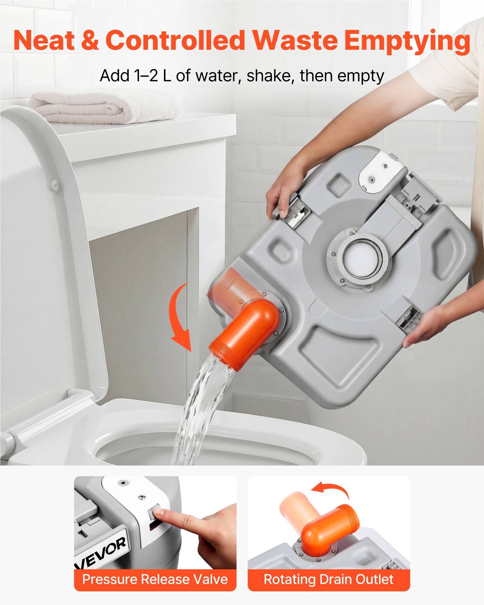 Neat & Controlled Waste Emptying  
Add 1-2 L of water, shake, then empty  

VEVOR Pressure Release Valve  
Rotating Drain Outlet