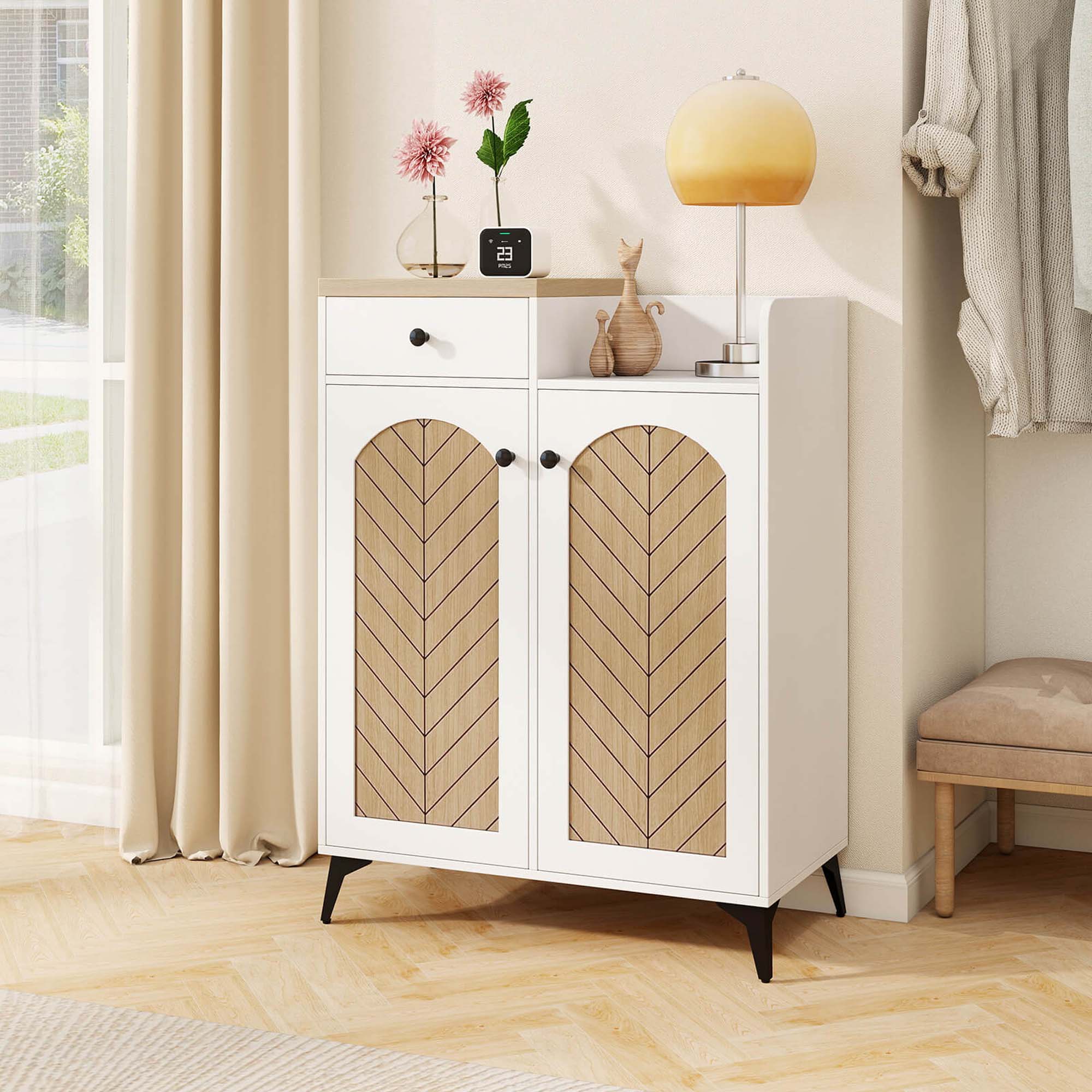 Alt View 4. Costway - Costway 6-Tier Shoe Cabinet with Drawer 6 Removable Shelves Ventilation Openings Metal Legs - White & Natural.