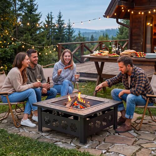 Alt View 10. Winado - 32in Metal Fire Pit Stove, 3-in-1 Square Wood Burning Firepit Table with Cover for Outdoor Camping Garden Party Picnic - Black-Floral Pattern.