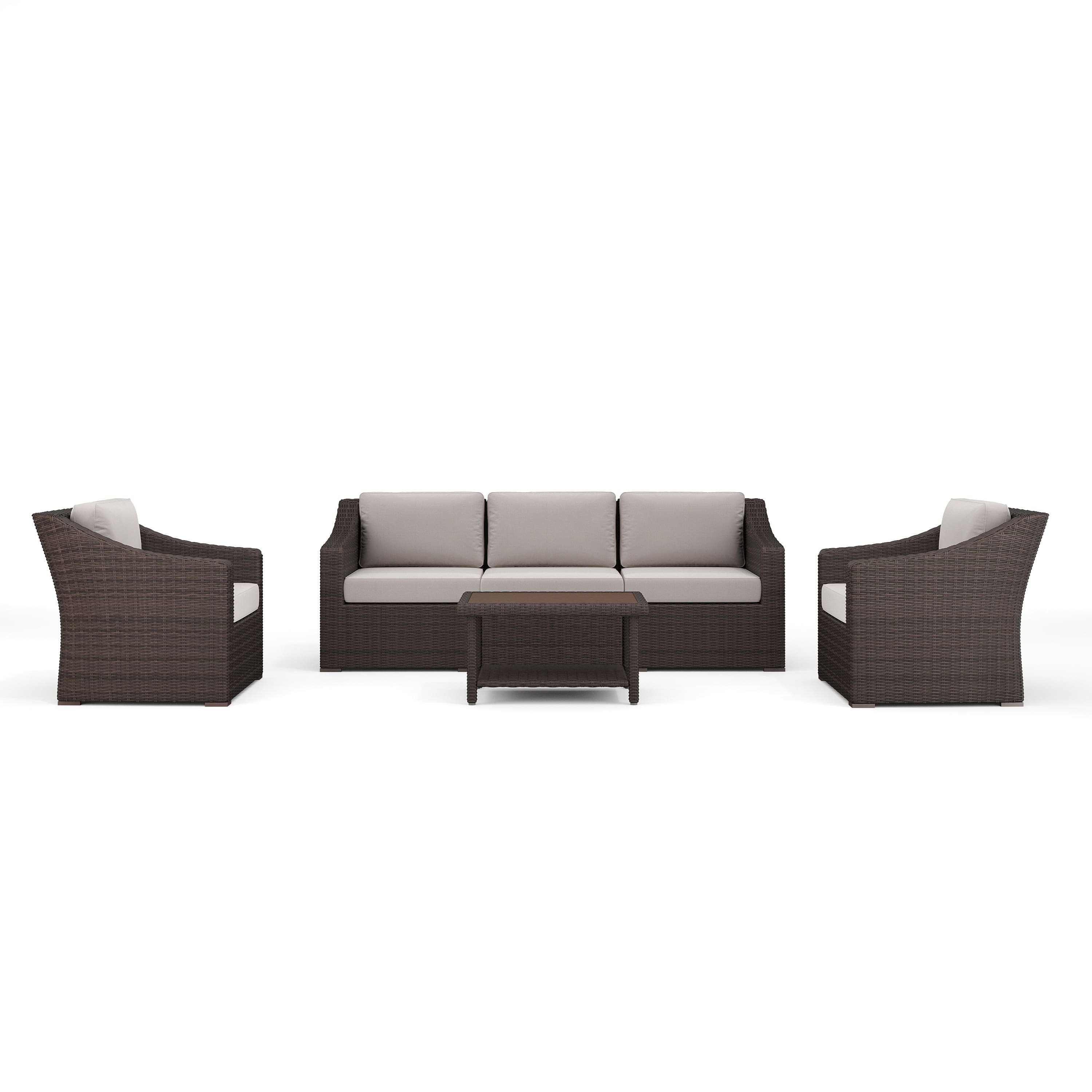 Martha Stewart - Bedford 4pc Outdoor Rattan Wicker Patio Conversation Set with All-Weather Cushions - Tan Cushions/Brown Frame