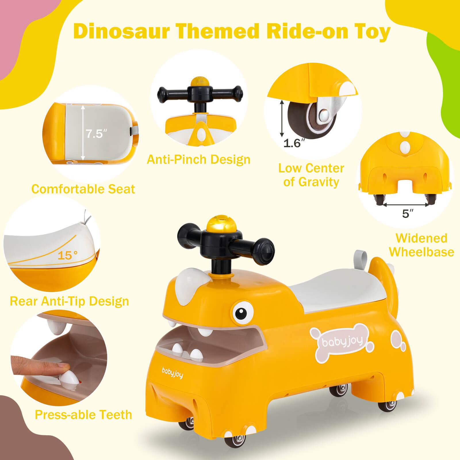 Dinosaur Themed Ride-on Toy

- Comfortable Seat: 7.5"
- Anti-Pinch Design
- Low Center of Gravity: 1.6"
- Widened Wheelbase: 5"
- Rear Anti-Tip Design: 15°
- Press-able Teeth

babyjoy