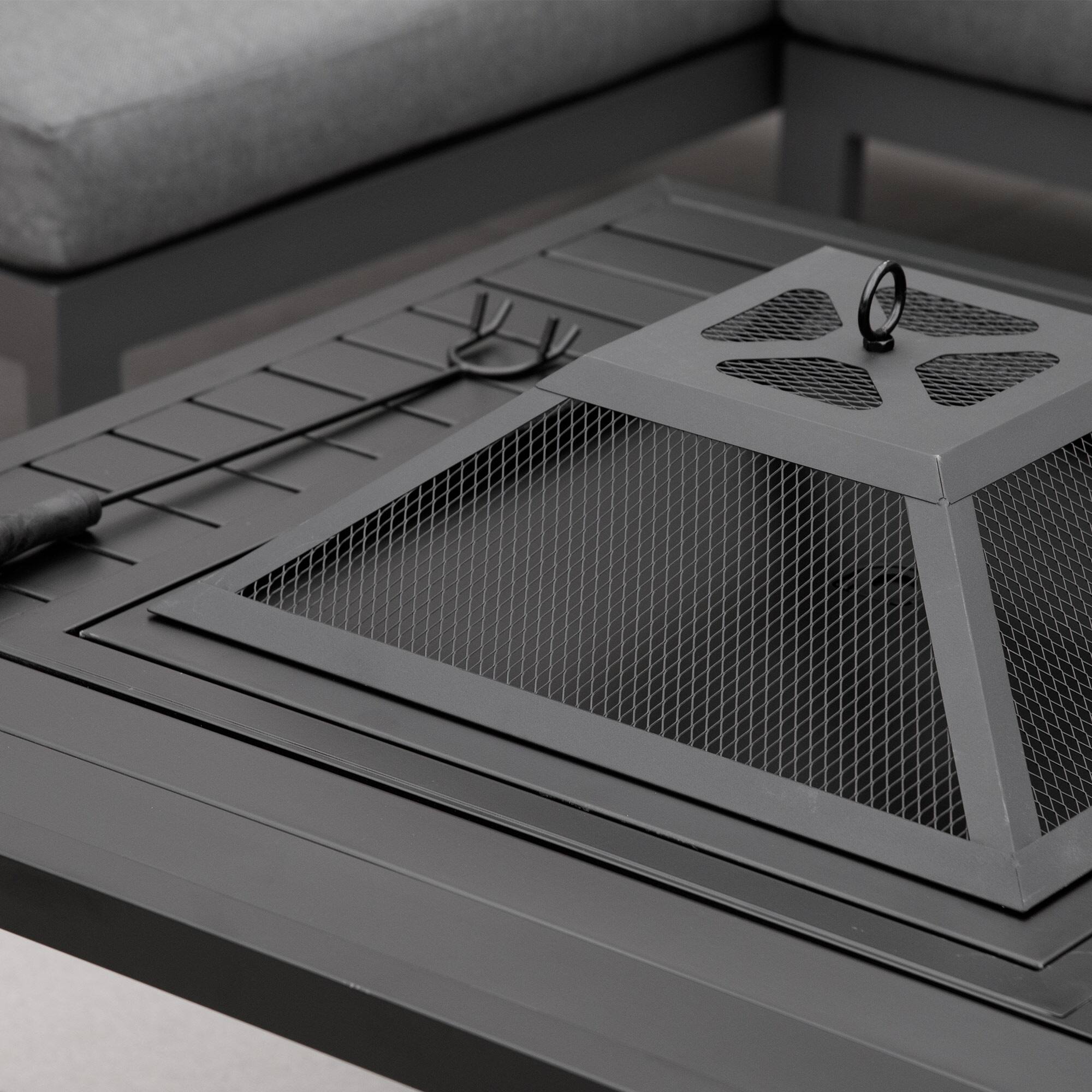 Alt View 7. Outsunny - 34" Fire Pit with Grill, Metal Outdoor Wood Burning Firepit with Spark Screen, Fire Poker, Cover, Table Lip - Black.