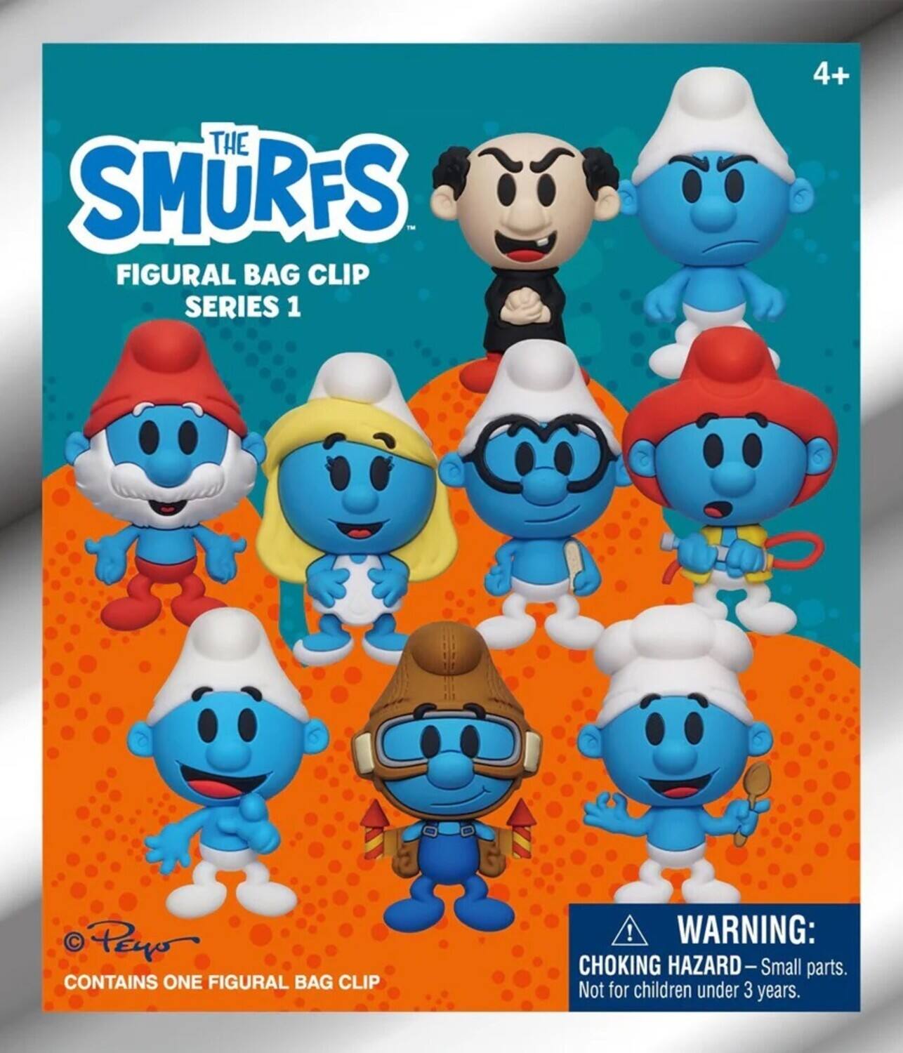 The Smurfs Figural Bag Clip Series 1  
4+  
Peyo  
Contains one figural bag clip!  
Warning: Choking hazard - Small parts. Not for children under 3 years.