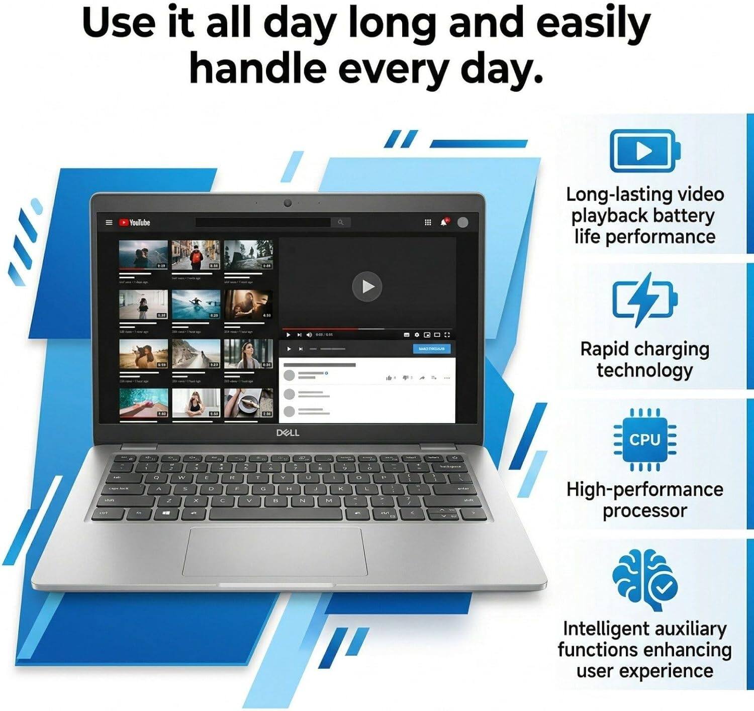 Use it all day long and easily handle every day.  
- Long-lasting video playback battery life performance  
- Rapid charging technology  
- High-performance processor  
- Intelligent auxiliary functions enhancing user experience