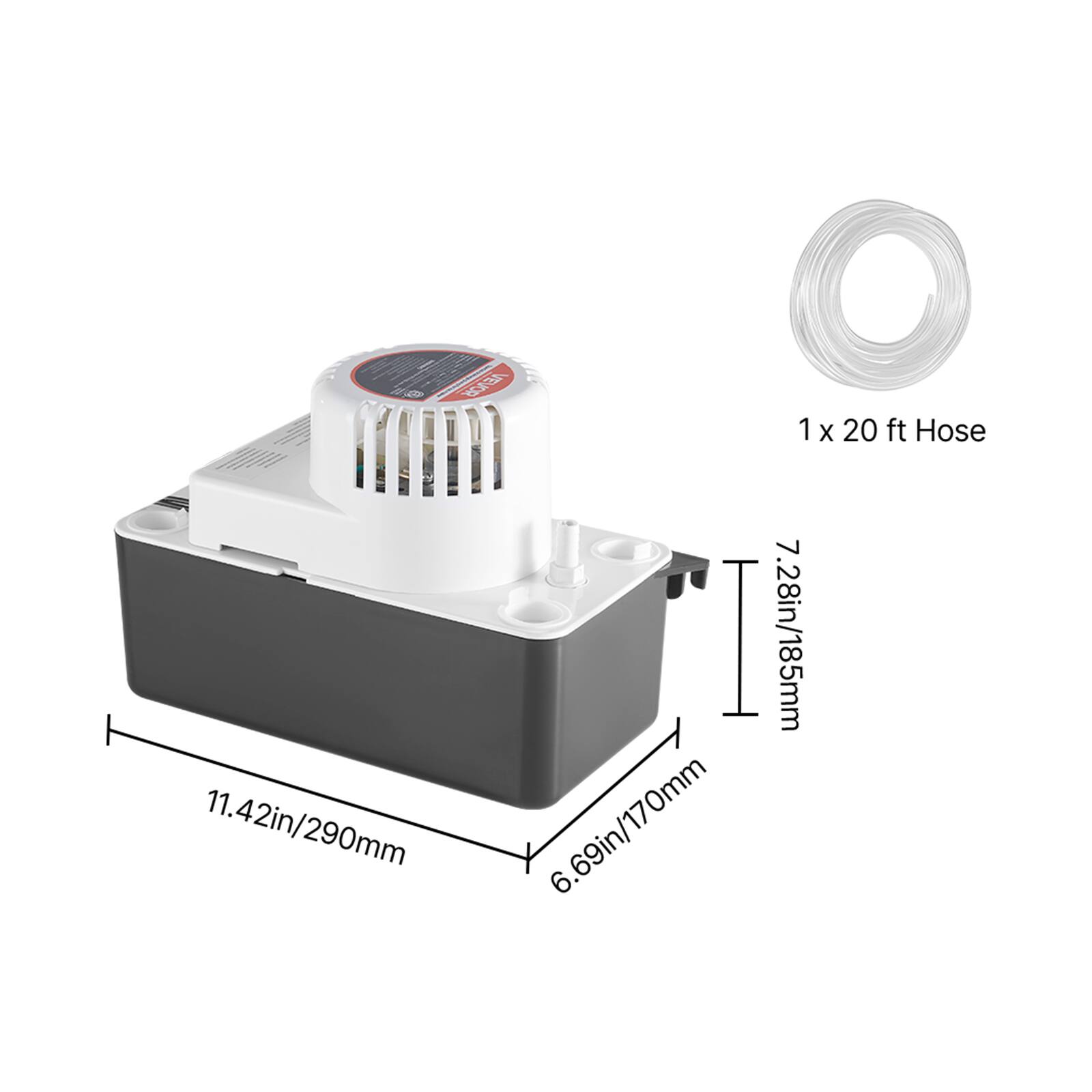 1 x 20 ft Hose, 11.42in/290mm, 7.28in/185mm, 6.69in/170mm