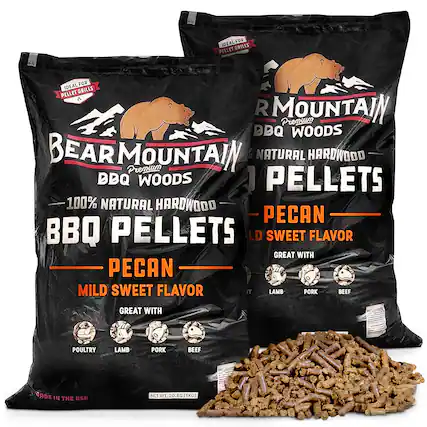 FOR IDEAL GRILLS PELLET IDEAL AL FOR PELLET GRILLS A R MOUNTAIN Premium BBQ WOODS BEAR MOUNTAIN 6 NATURAL HARDWOOD Premium BBQ WOODS PELLETS 100% NATURAL HARDWOOD PECAN BBQ PELLETS LD SWEET FLAVOR GREAT WITH PECAN MILD SWEET FLAVOR Y LAMB PORK BEEF GREAT WITH POULTRY LAMB PORK BEEF SORP I1 THE USR NET WT. 20.8S(5KG) 20.0S SKC