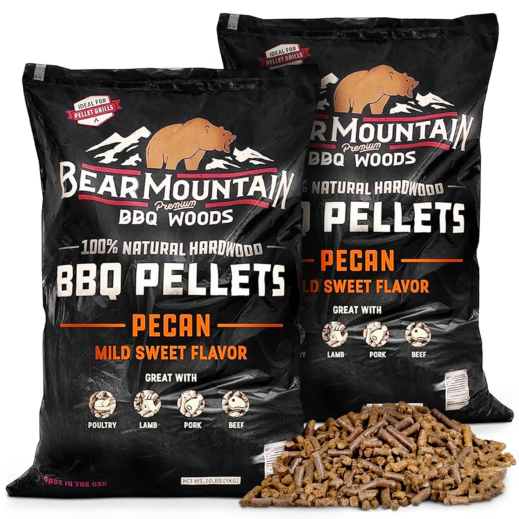 FOR IDEAL GRILLS PELLET IDEAL AL FOR PELLET GRILLS A R MOUNTAIN Premium BBQ WOODS BEAR MOUNTAIN 6 NATURAL HARDWOOD Premium BBQ WOODS PELLETS 100% NATURAL HARDWOOD PECAN BBQ PELLETS LD SWEET FLAVOR GREAT WITH PECAN MILD SWEET FLAVOR Y LAMB PORK BEEF GREAT WITH POULTRY LAMB PORK BEEF SORP I1 THE USR NET WT. 20.8S(5KG) 20.0S SKC
