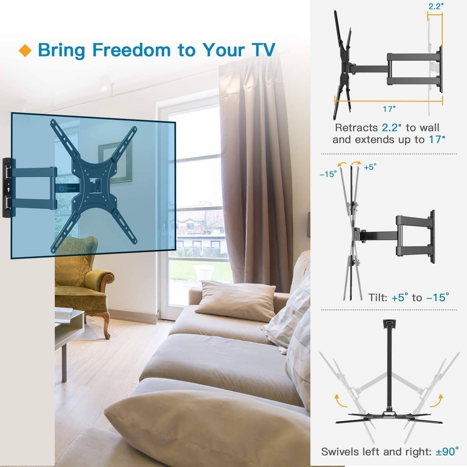 Bring Freedom to Your TV

- Retracts 2.2" to wall and extends up to 17"
- Tilt: +5° to -15°
- Swivels left and right: ±90°