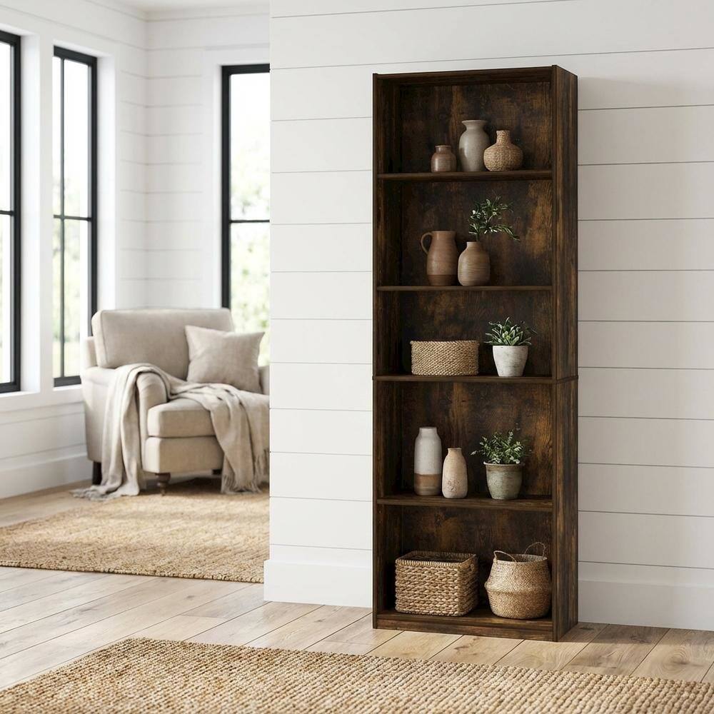 Angle. FurniFact - Wooden Bookcase in Finish with Open Shelves for Living Room Storage - Amber Oak.