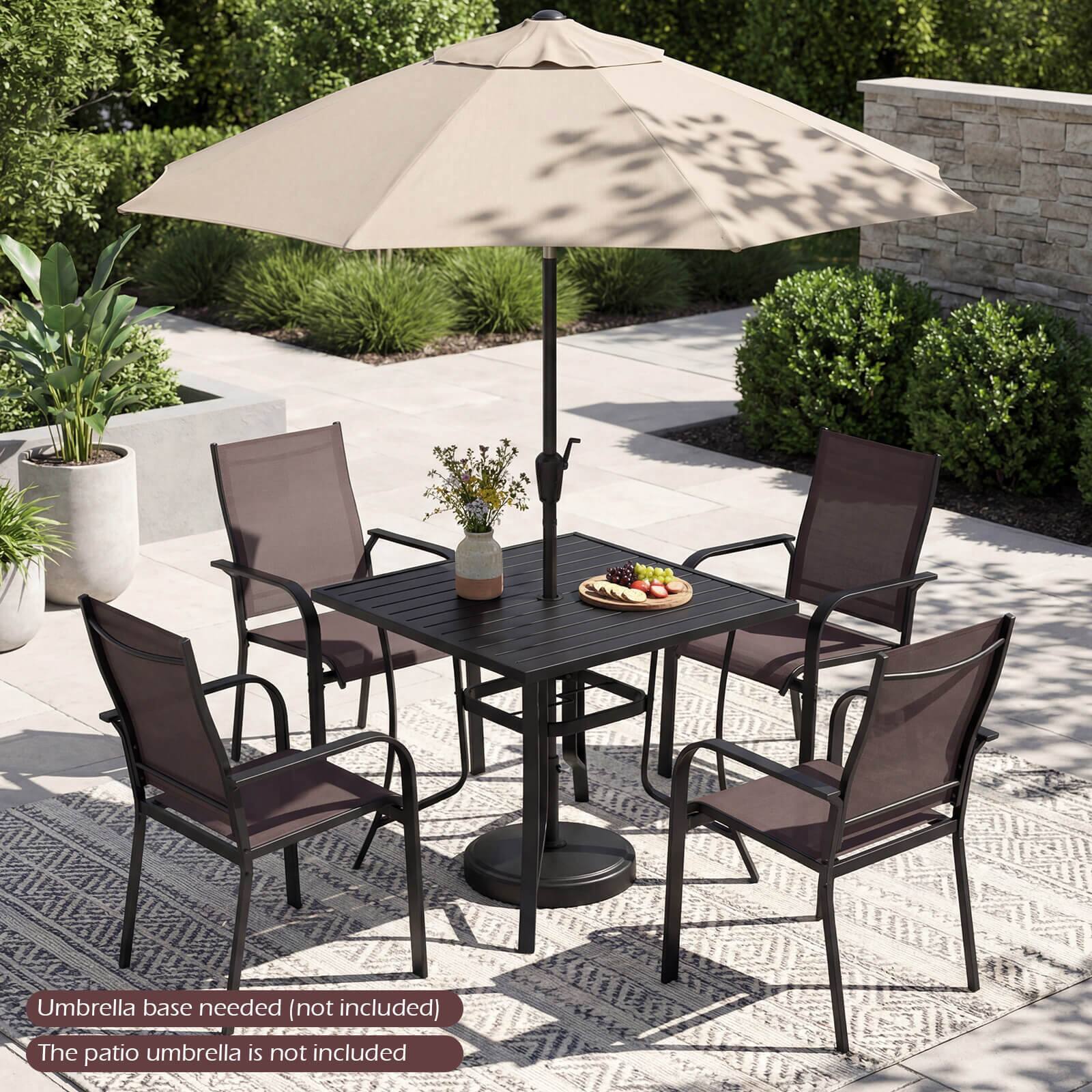 Umbrella base needed (not included)  
The patio umbrella is not included