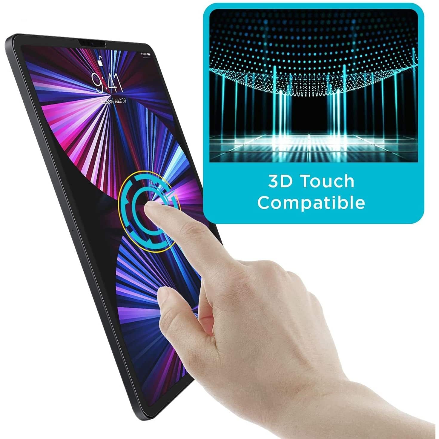 The image features a person's hand pressing a button on a cell phone, which is described as a 3D Touch compatible device. The hand is positioned over the button, and the cell phone is displayed prominently in the image. The person's hand is the main focus of the scene, and the cell phone is the central object.