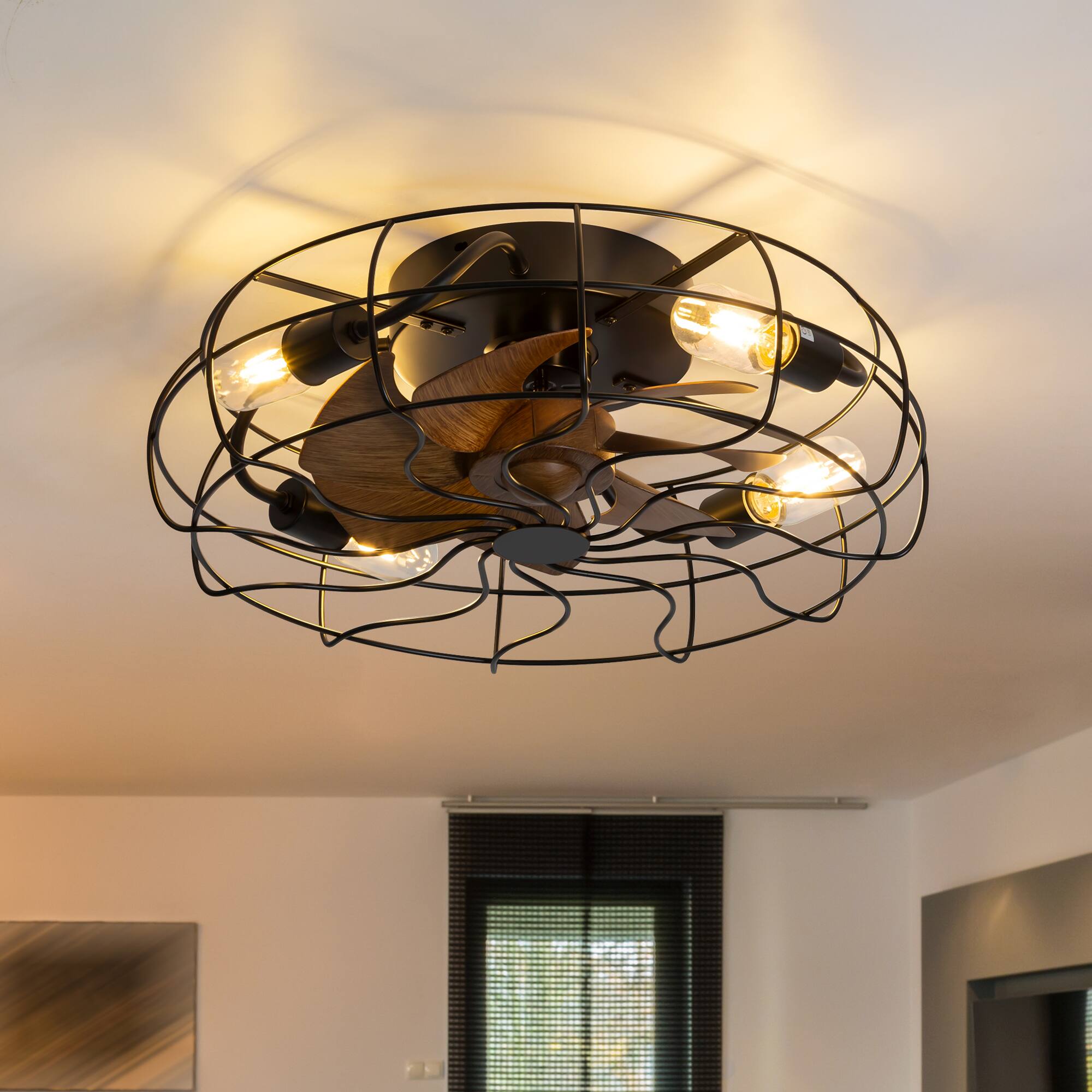 Left. Breezary - 19-In Traditional Caged Ceiling Fan with Light, Remote Control, 7 Blades, Flush Mount Fandelier for Bedroom, Living Room - Matte Black.