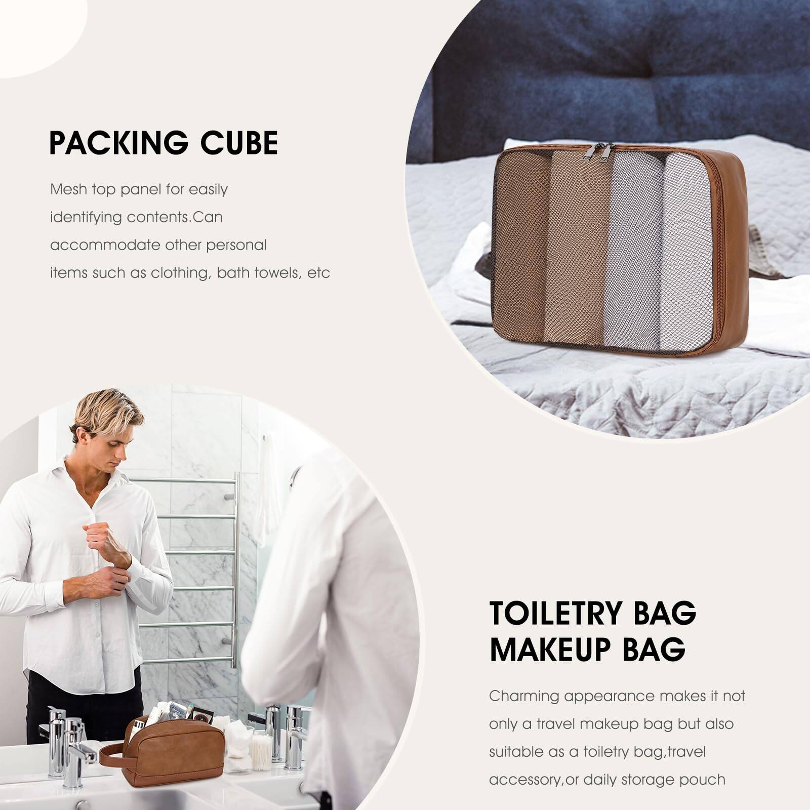 **Packing Cube**  
Mesh top panel for easily identifying contents. Can accommodate other personal items such as clothing, bath towels, etc.

**Toiletry Bag Makeup Bag**  
Charming appearance makes it not only a travel makeup bag but also suitable as a toiletry bag, travel accessory, or daily storage pouch.