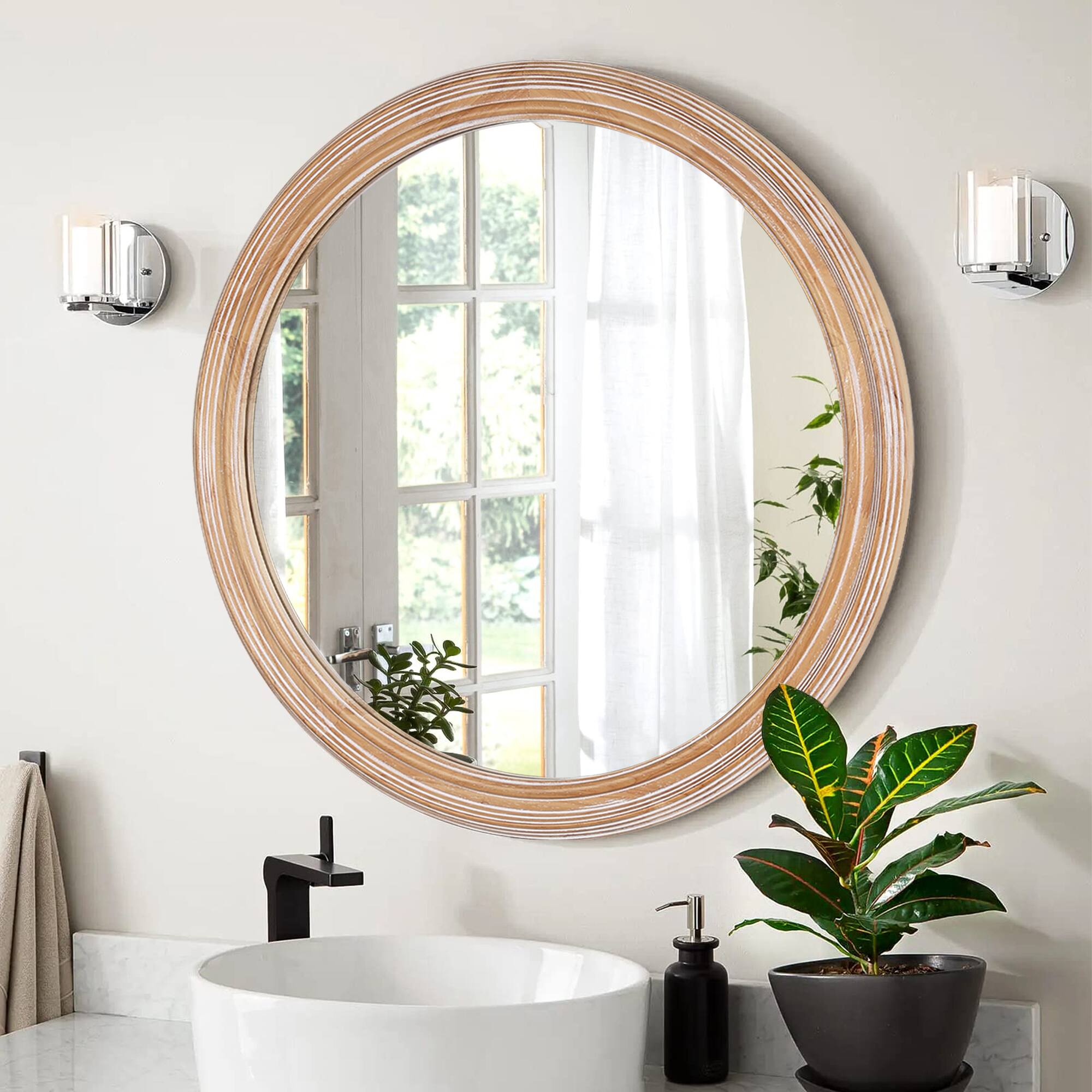 Alt View 1. PAIHOME - Round Wall Mirror for Bathroom Vanity, Wooden Farmhouse Circle Mirrors for Bedroom, Entryway, Living Room - 27.5” ×27.5"-Brown.