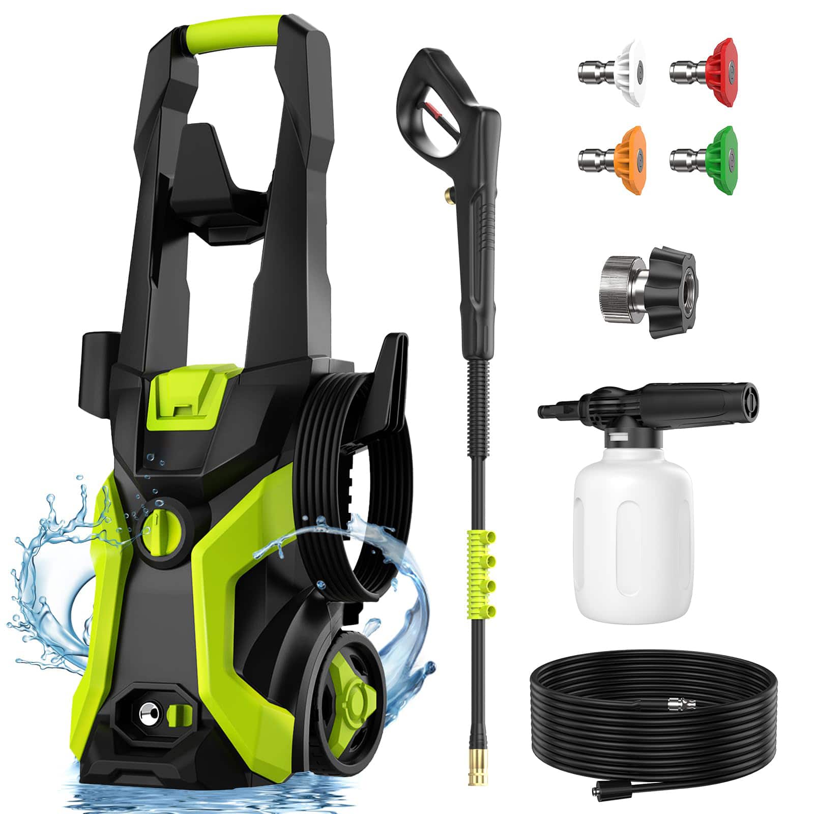 GlowWise - High Pressure Washer w/ 4 Nozzles & Foam Cannon for Cars, Decks, Driveways - Bright - Green