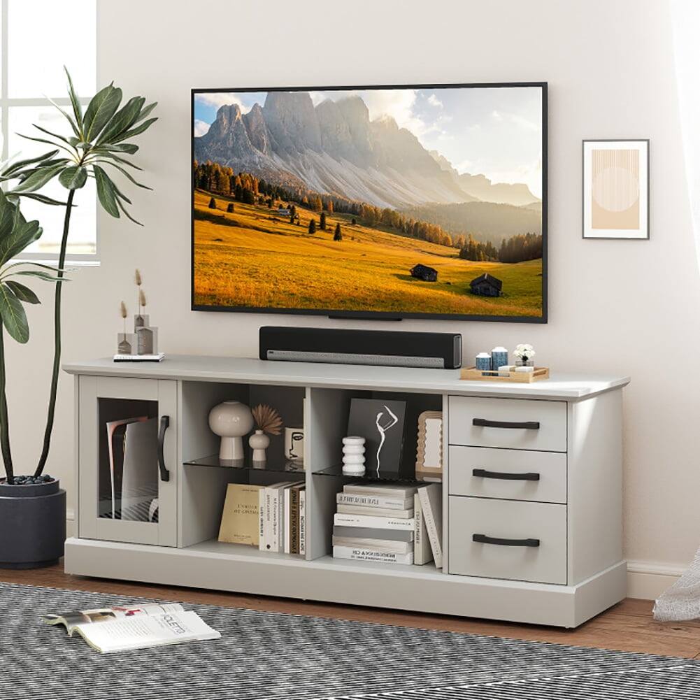 Angle. Pefilos - 63 Inches Media Console Table with 3 Drawers and 2 Glass Shelves, Entertainment Center, Gray TV Stand - Gray.