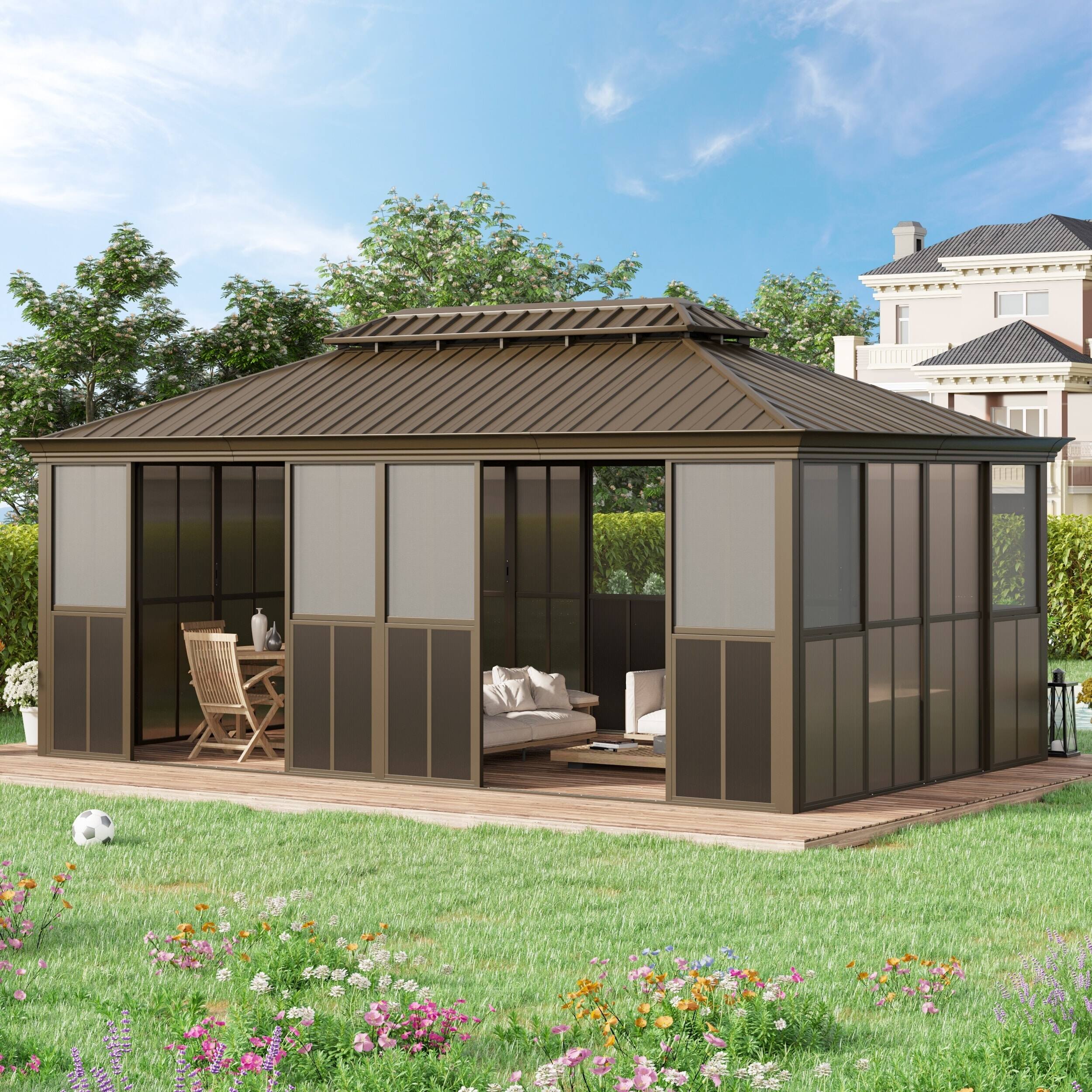 Angle. U-HOMY - 12' x 20' Hardtop Sunroom with Double Steel Roof, Sliding Lockable Doors, Aluminum Frame, All-Season Design - 12' X 20'.