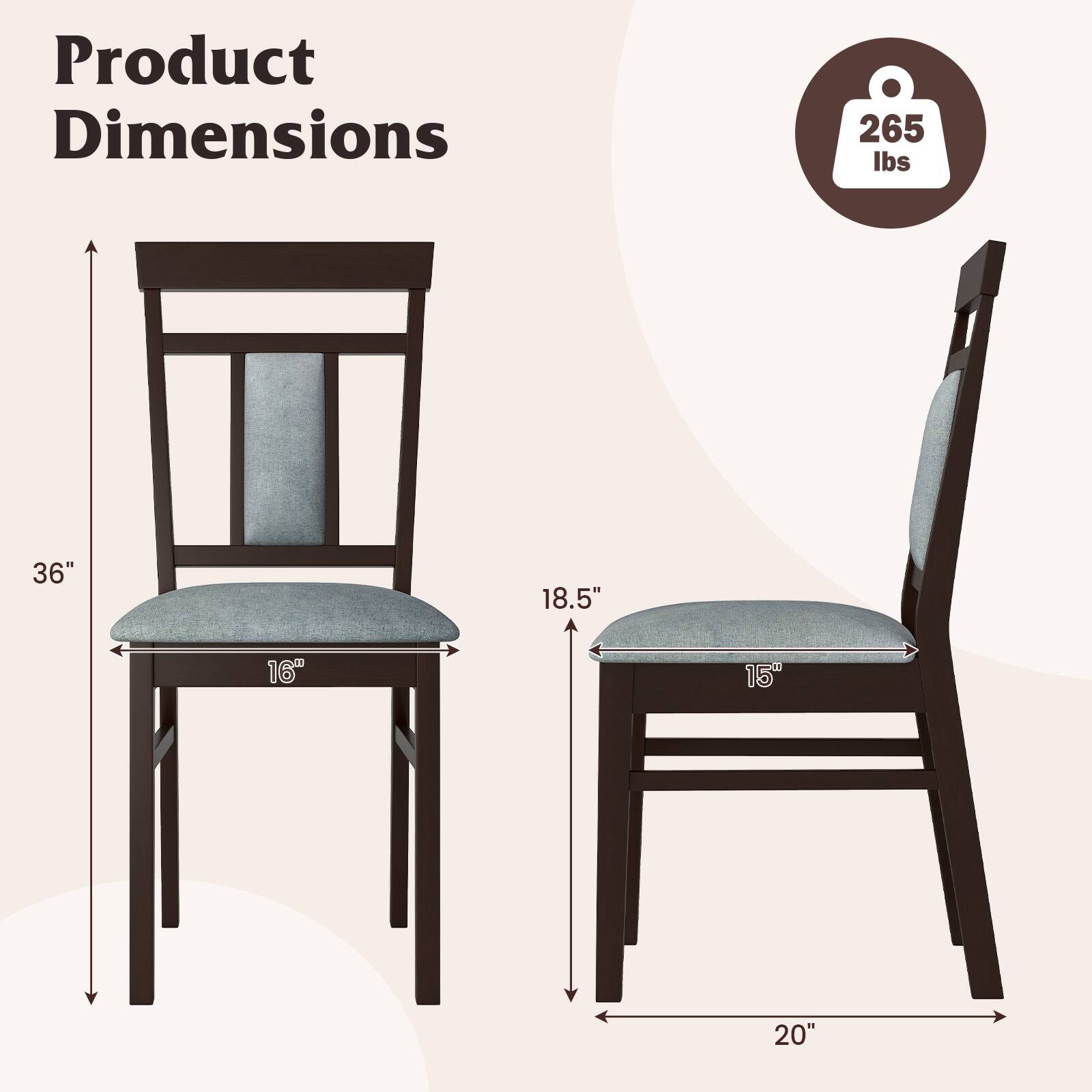 Product Dimensions

- Weight: 265 lbs
- Height: 36"
- Seat Width: 18.5"
- Seat Depth: 16"
- Back Height: 20"