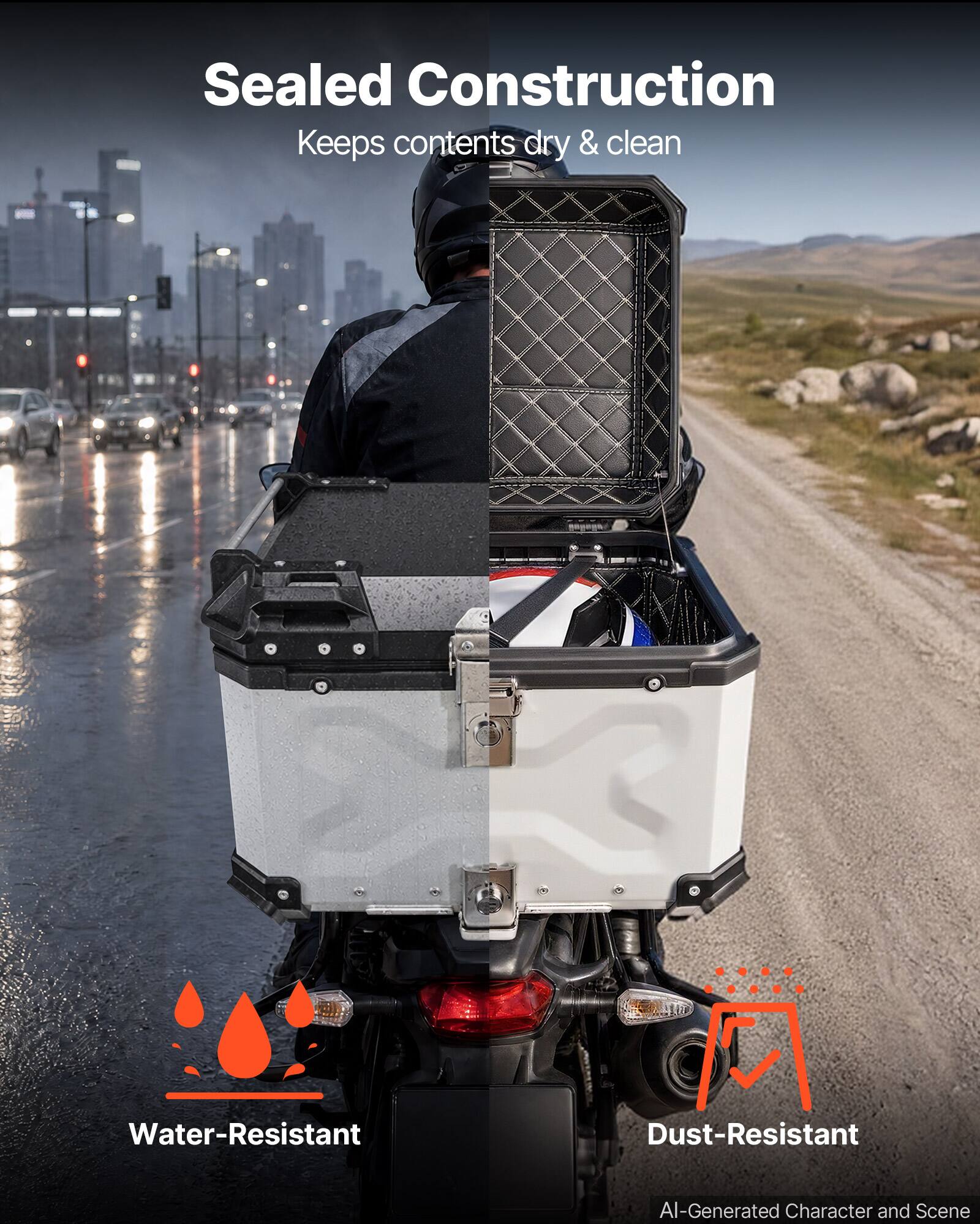 Sealed Construction  
Keeps contents dry & clean  

Water-Resistant  
Dust-Resistant  

AI-Generated Character and Scene