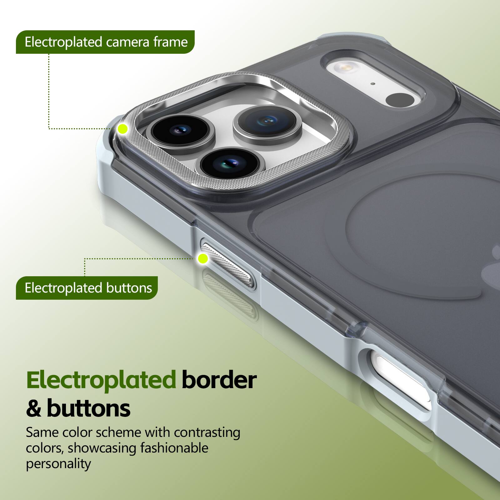 Electroplated camera frame  
Electroplated buttons  
Electroplated border & buttons  

Same color scheme with contrasting colors, showcasing fashionable personality