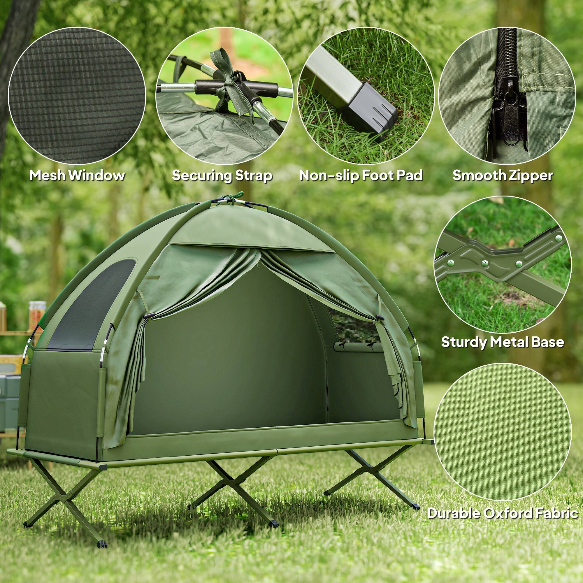 - Mesh Window
- Securing Strap
- Non-slip Foot Pad
- Smooth Zipper
- Sturdy Metal Base
- Durable Oxford Fabric