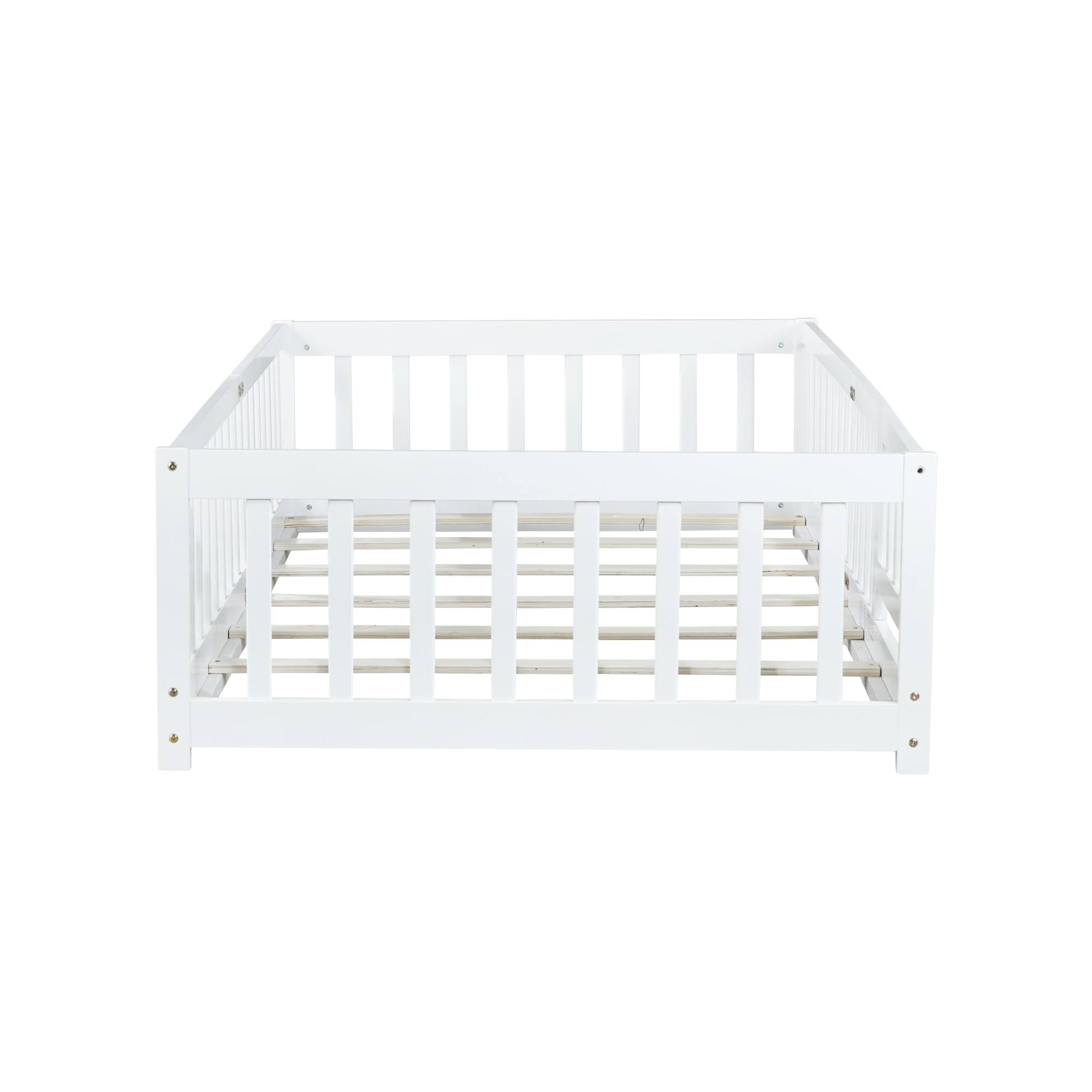 Alt View 1. GOODSILO - Twin Size Floor Bed with Safety Fence and Door for Kids, Sturdy Rubber Wood Construction - White.