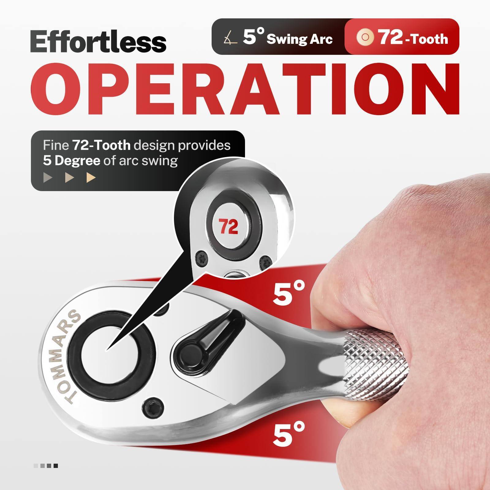 Effortless OPERATION

5° Swing Arc

72-Tooth

Fine 72-Tooth design provides 5 Degree of arc swing