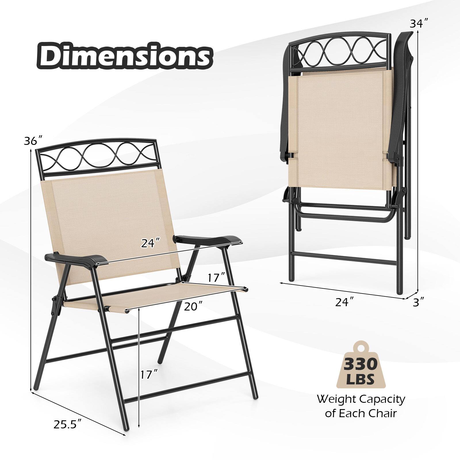 Dimensions:  
- Height: 36"  
- Width: 24"  
- Depth: 25.5"  
- Seat Height: 17"  
- Seat Depth: 20"  
- Back Height: 34"  
- Armrest Height: 24"  
- Side to Side: 3"  

Weight Capacity of Each Chair: 330 LBS
